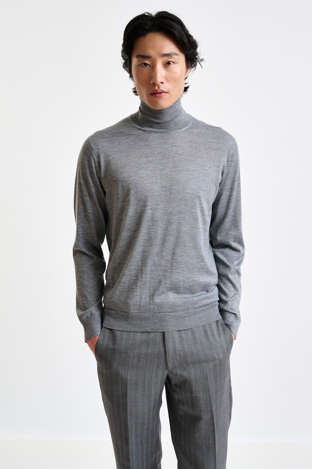Mid-Grey Cashmere Merino Silk Blend Telford Turtleneck Sweater