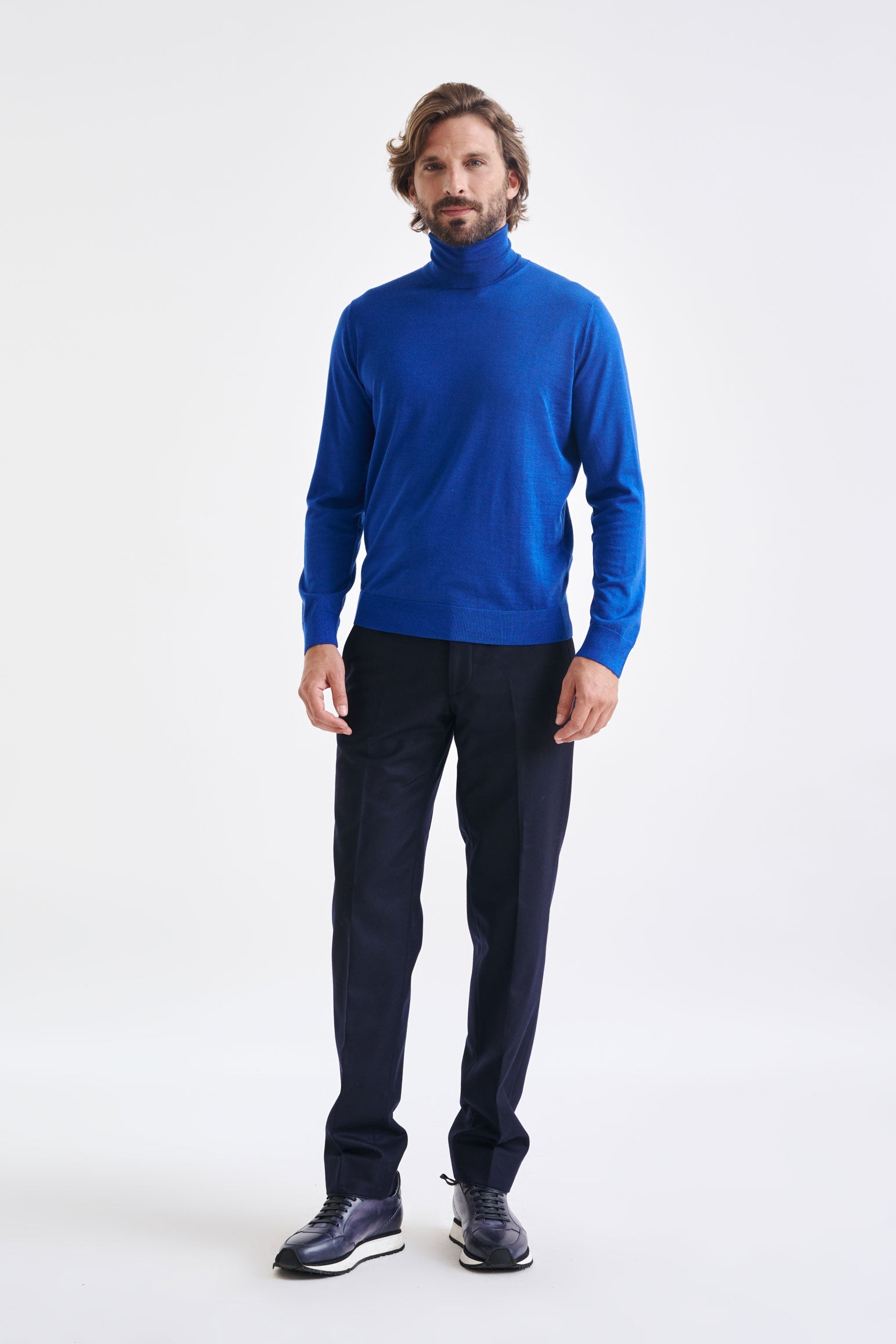 Galactic Blue Cashmere Merino Silk Blend Telford Turtleneck Sweater — detail 1