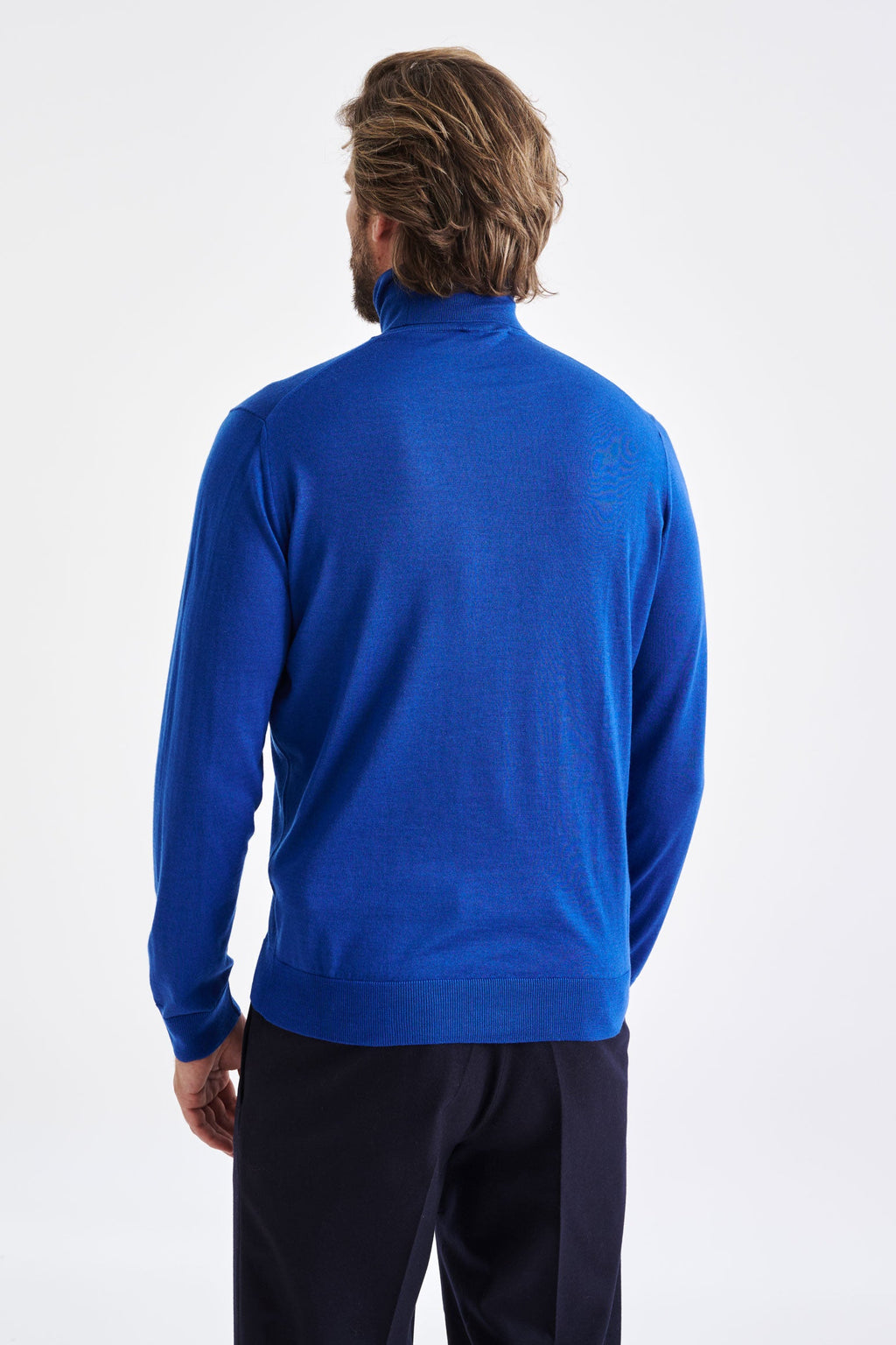 Galactic Blue Cashmere Merino Silk Blend Telford Turtleneck Sweater — detail 2