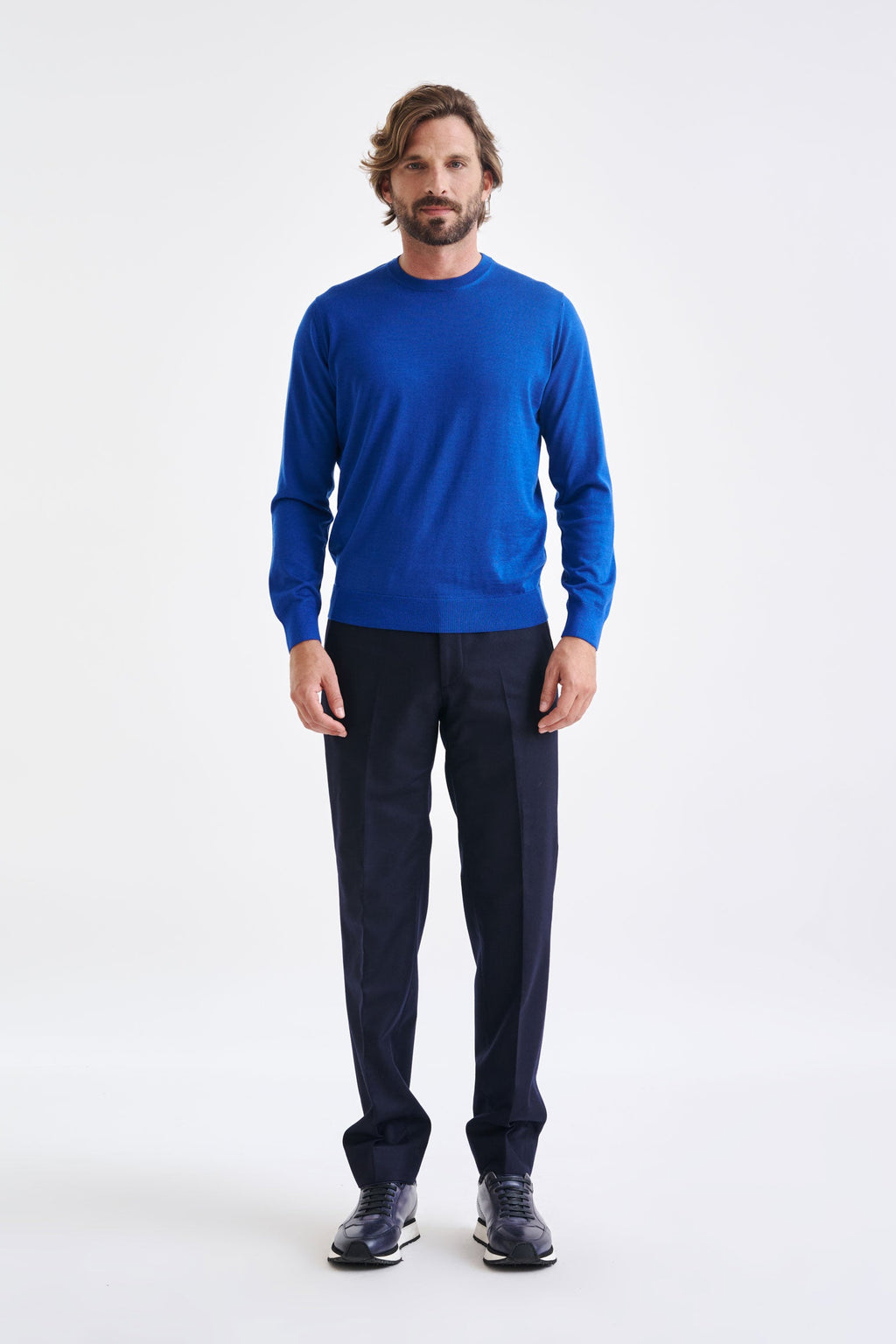 Galactic Blue Cashmere Merino Silk Blend Crewe Sweater — detail 1