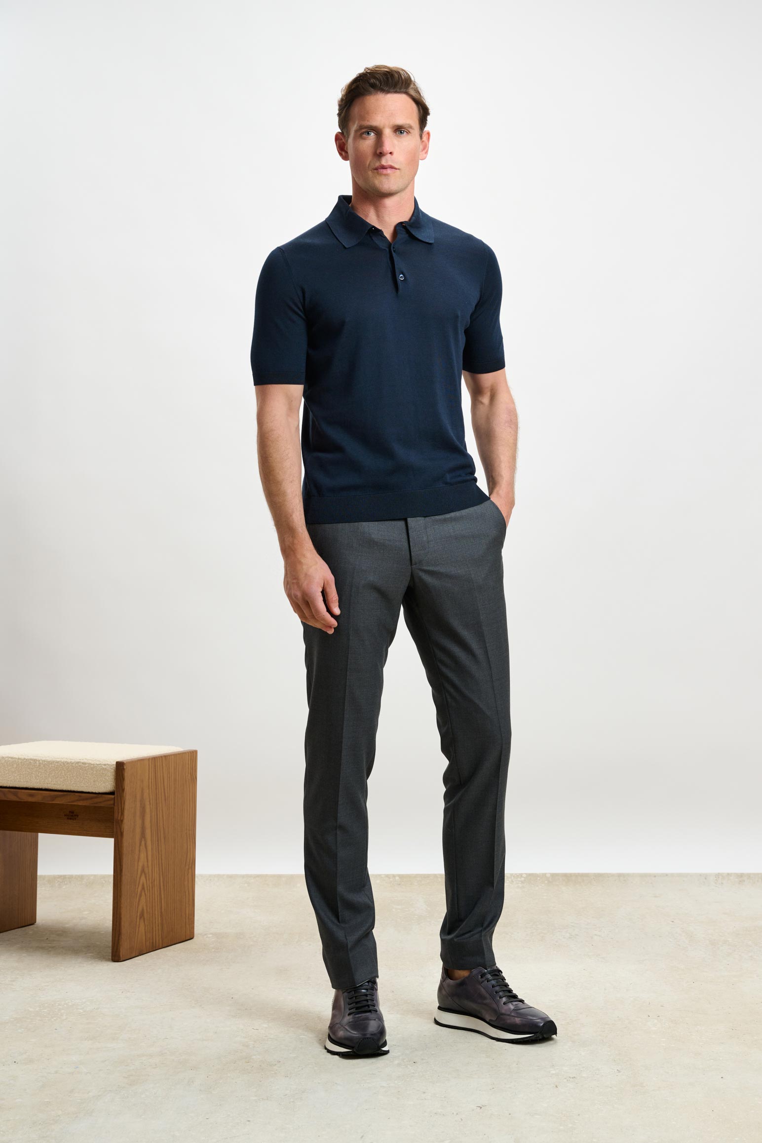 Midnight Blue Silk Knitted Kendal Short Sleeve 3 Button Polo Shirt
