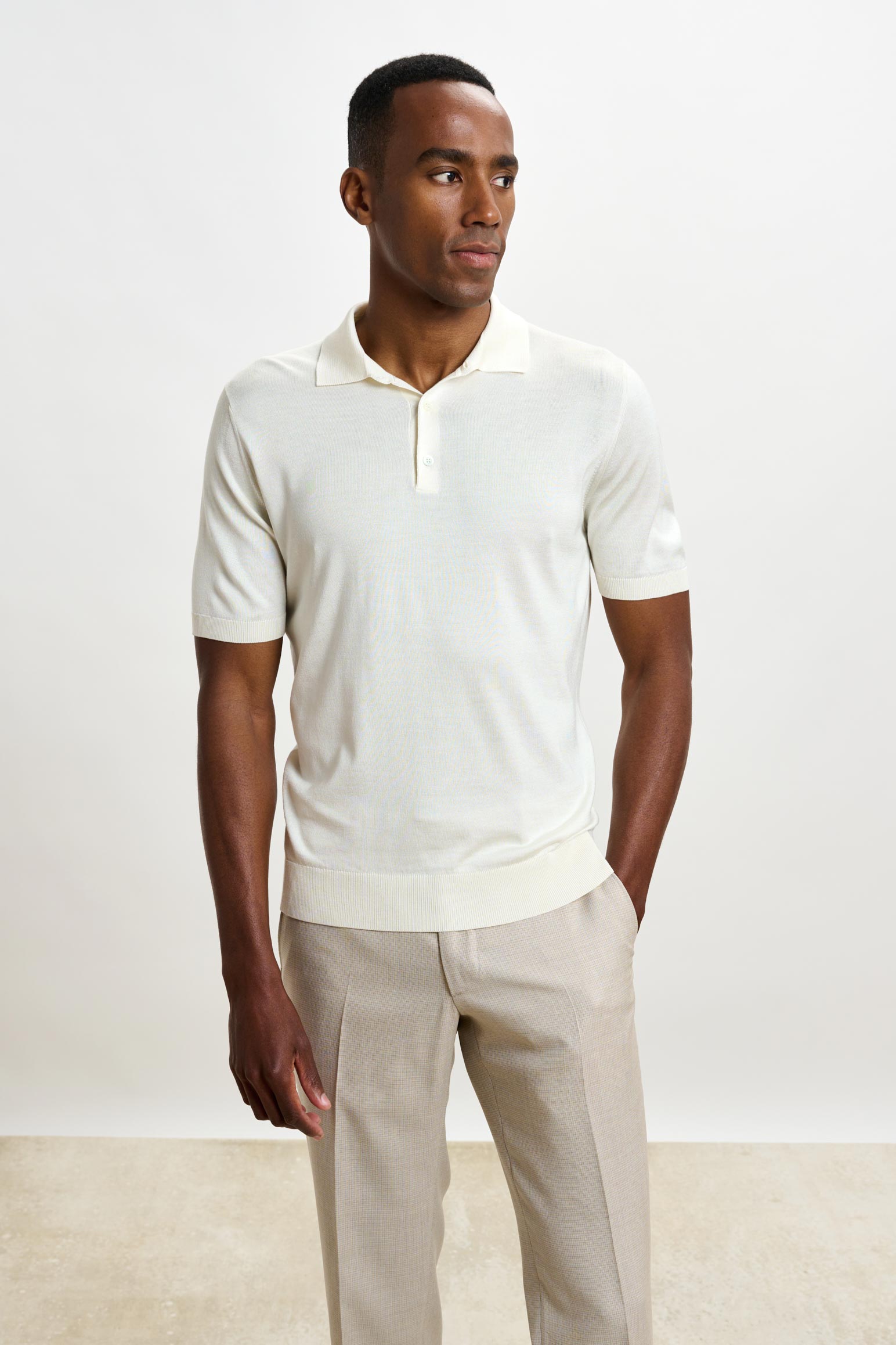 Cream Silk Knitted Kendal Short Sleeve 3 Button Polo Shirt