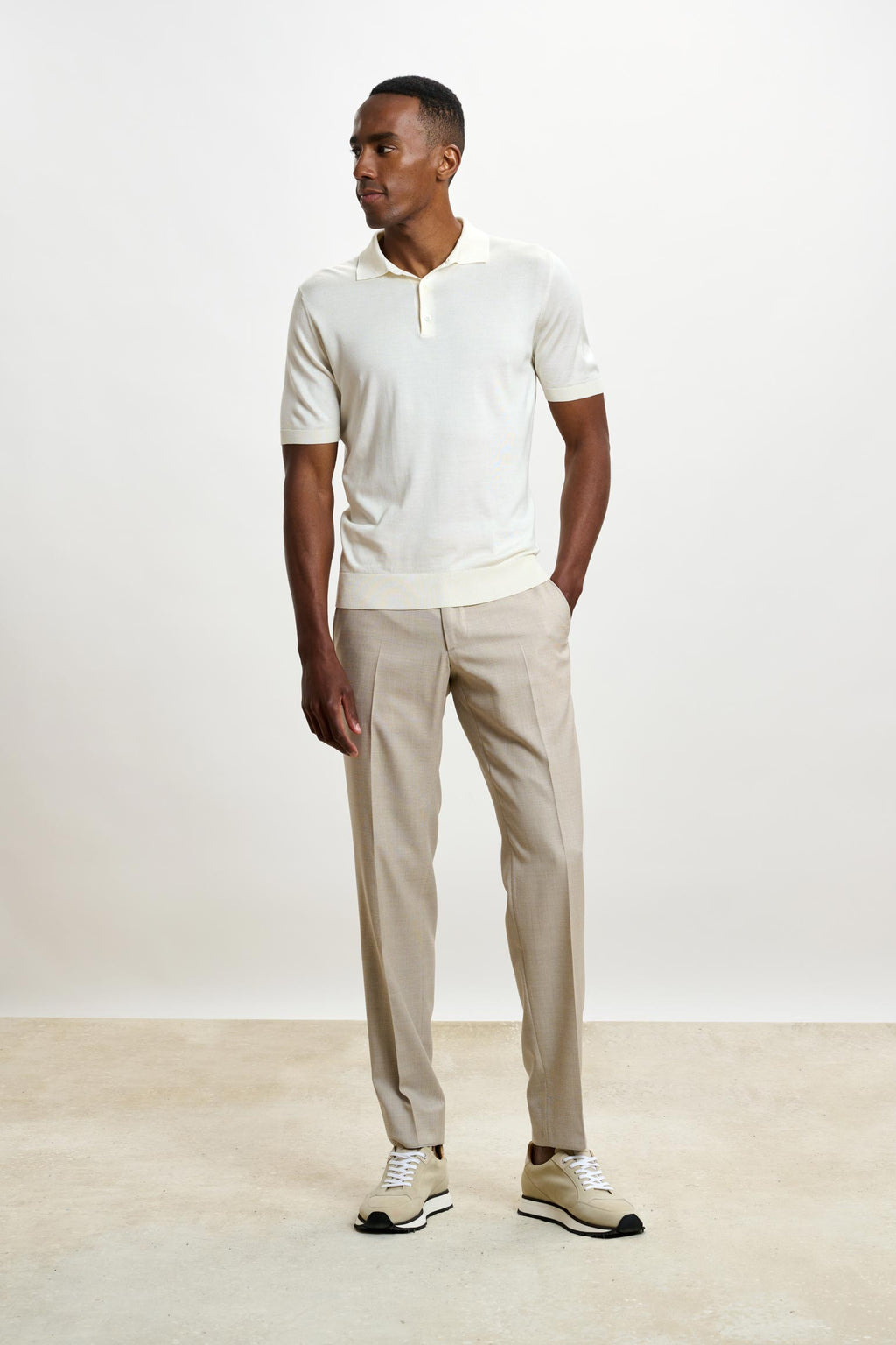 Cream Silk Knitted Kendal Short Sleeve 3 Button Polo Shirt — detail 1