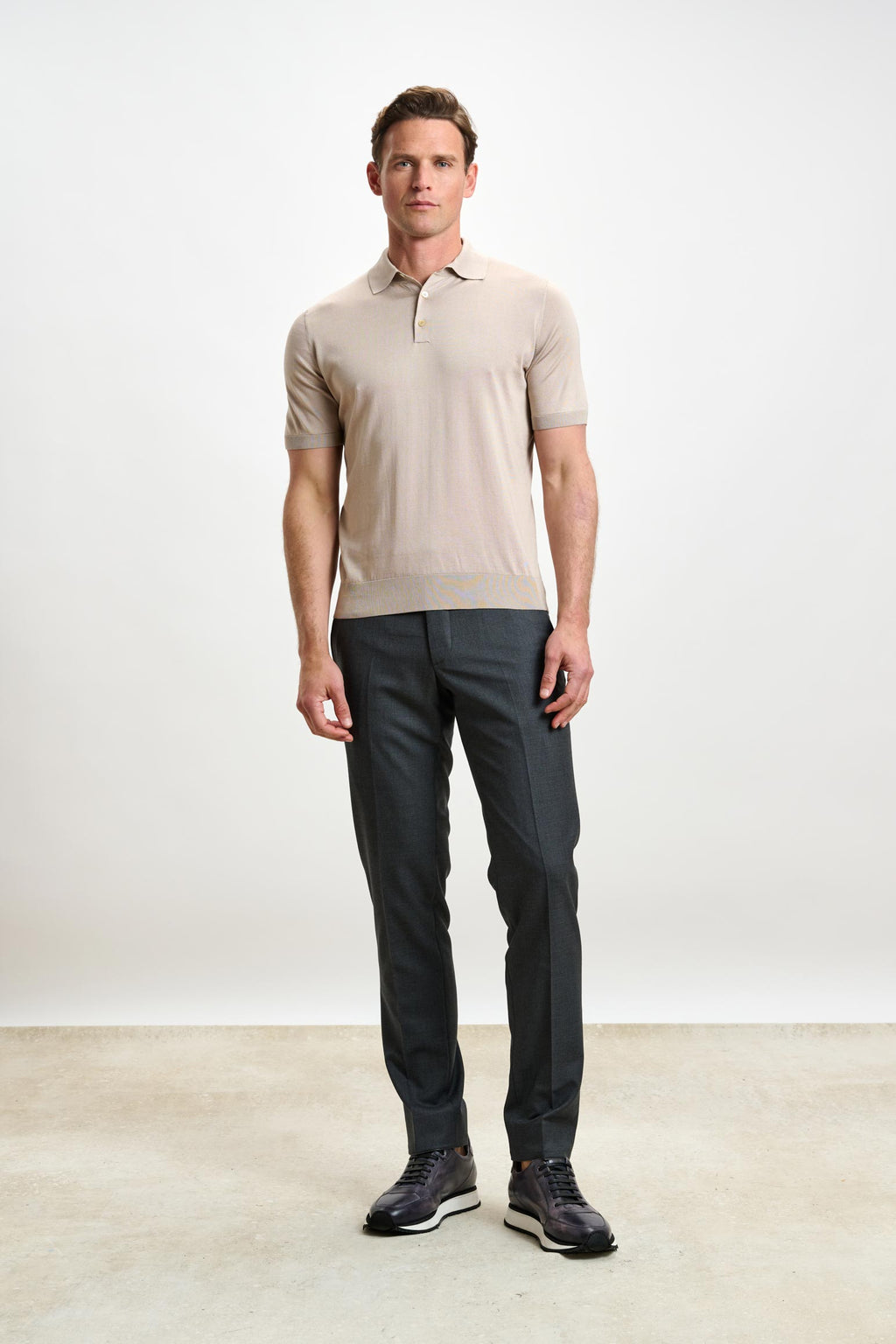 Wood Beige Silk Knitted Kendal Short Sleeve 3 Button Polo Shirt — detail 1