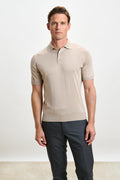 Wood Beige Silk Knitted Kendal Short Sleeve 3 Button Polo Shirt