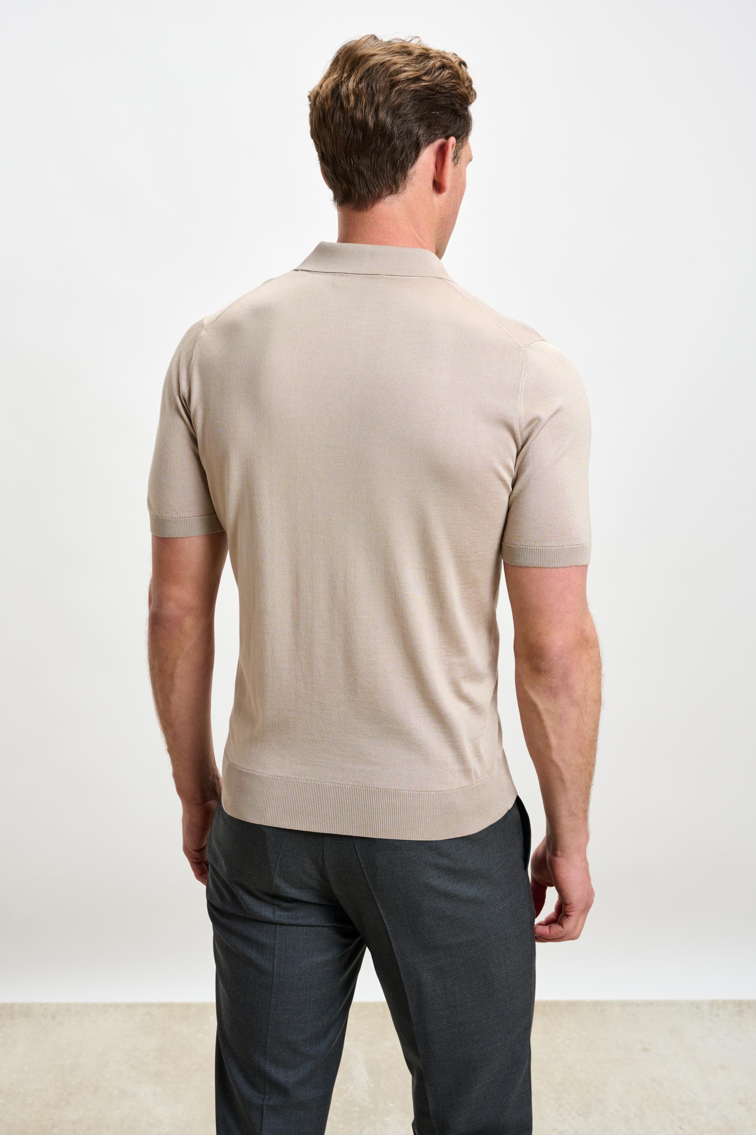 Wood Beige Silk Knitted Kendal Short Sleeve 3 Button Polo Shirt — detail 2