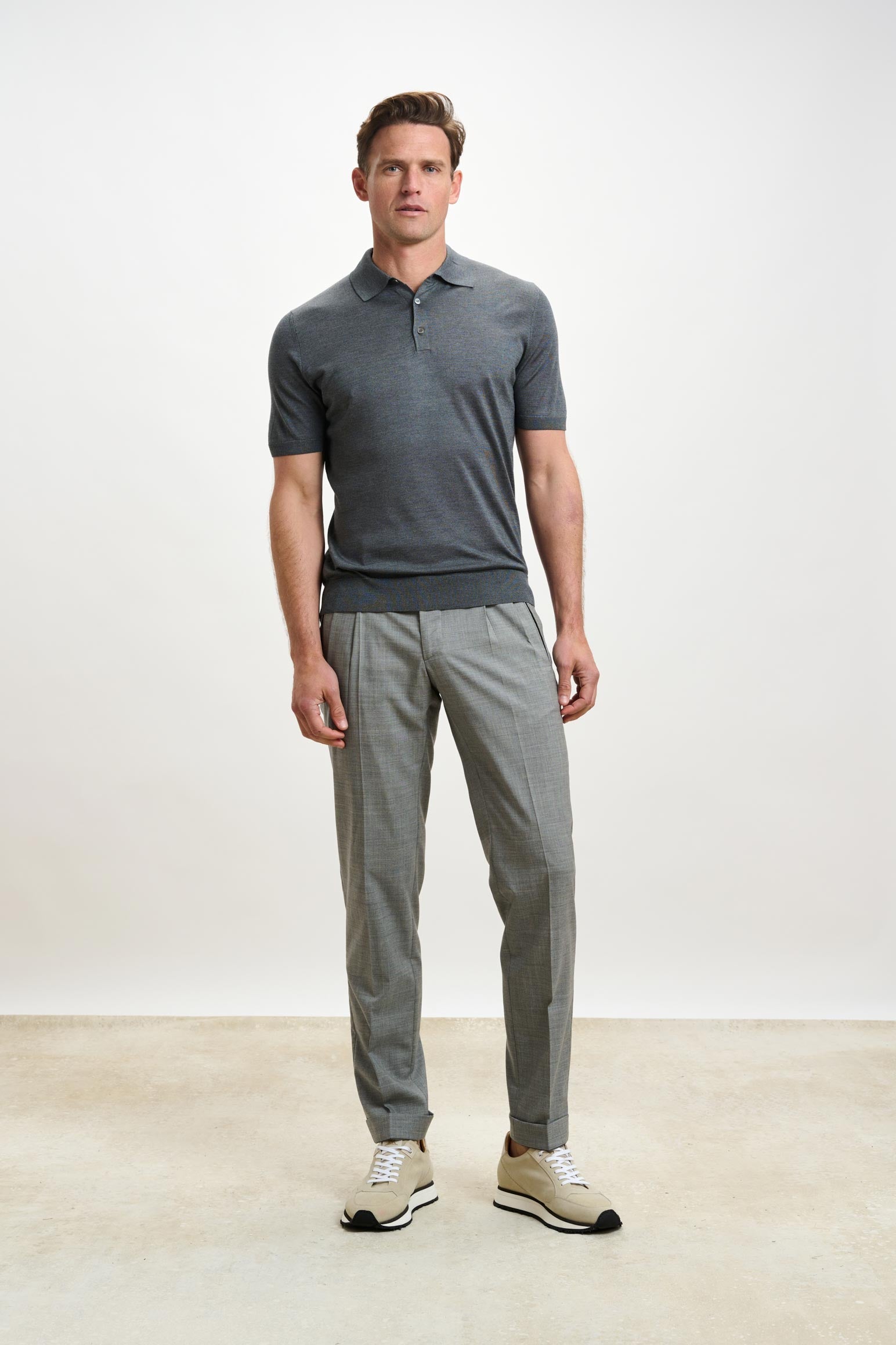 Grey Silk Knitted Kendal Short Sleeve 3 Button Polo Shirt — detail 1