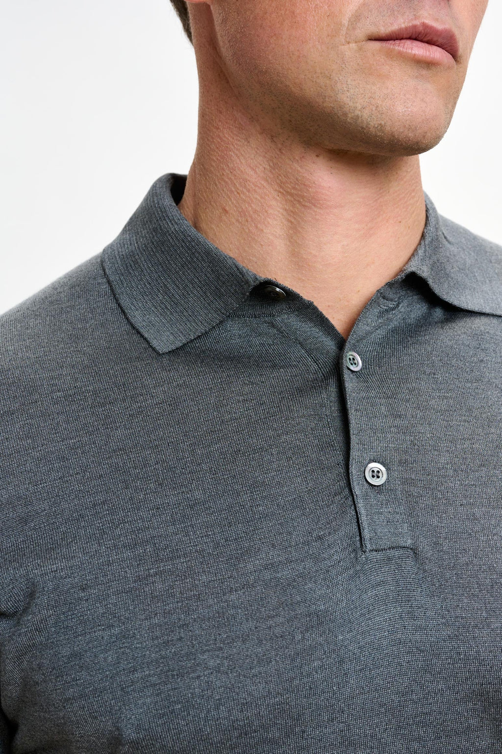 Grey Silk Knitted Kendal Short Sleeve 3 Button Polo Shirt — detail 2