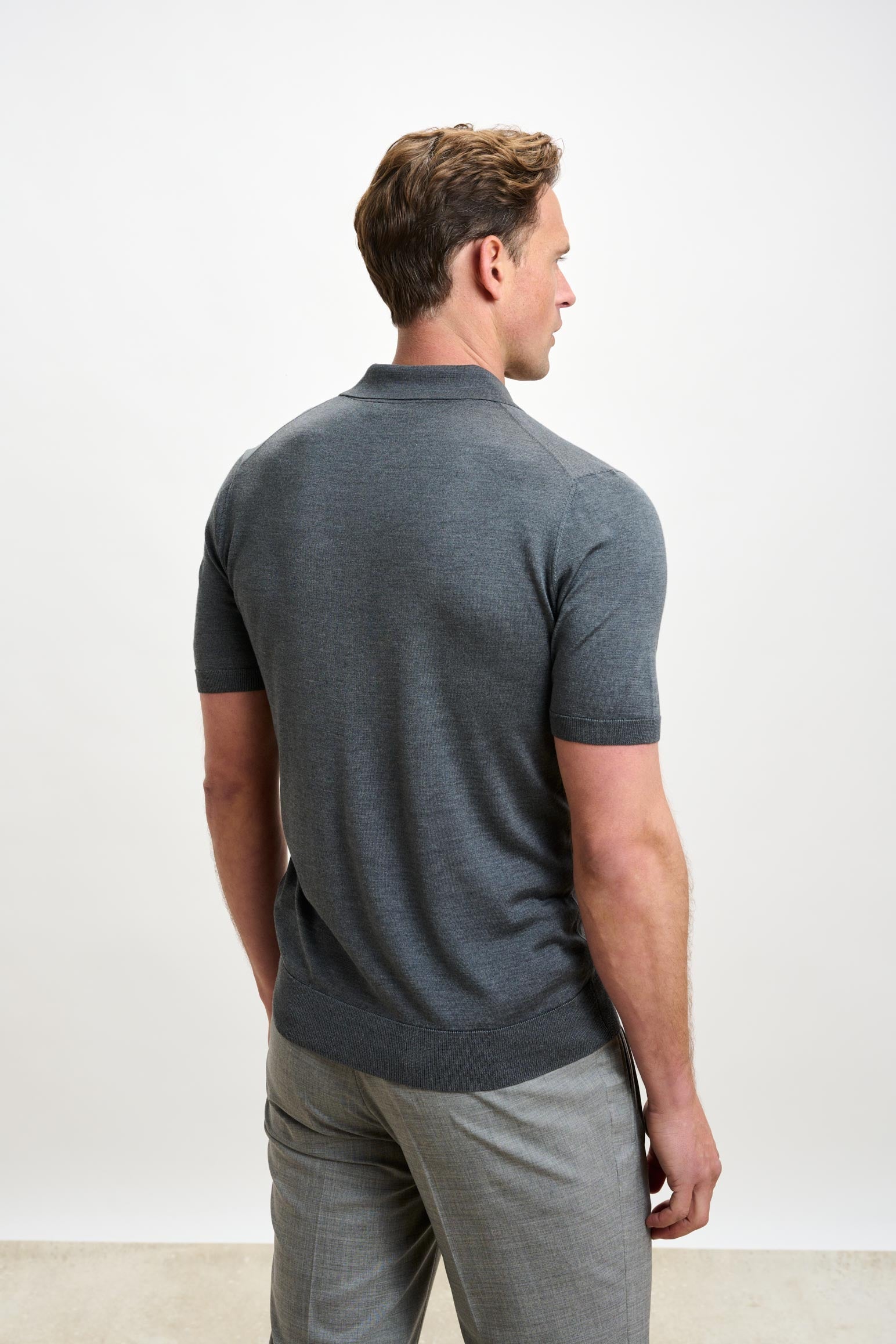 Grey Silk Knitted Kendal Short Sleeve 3 Button Polo Shirt — detail 3