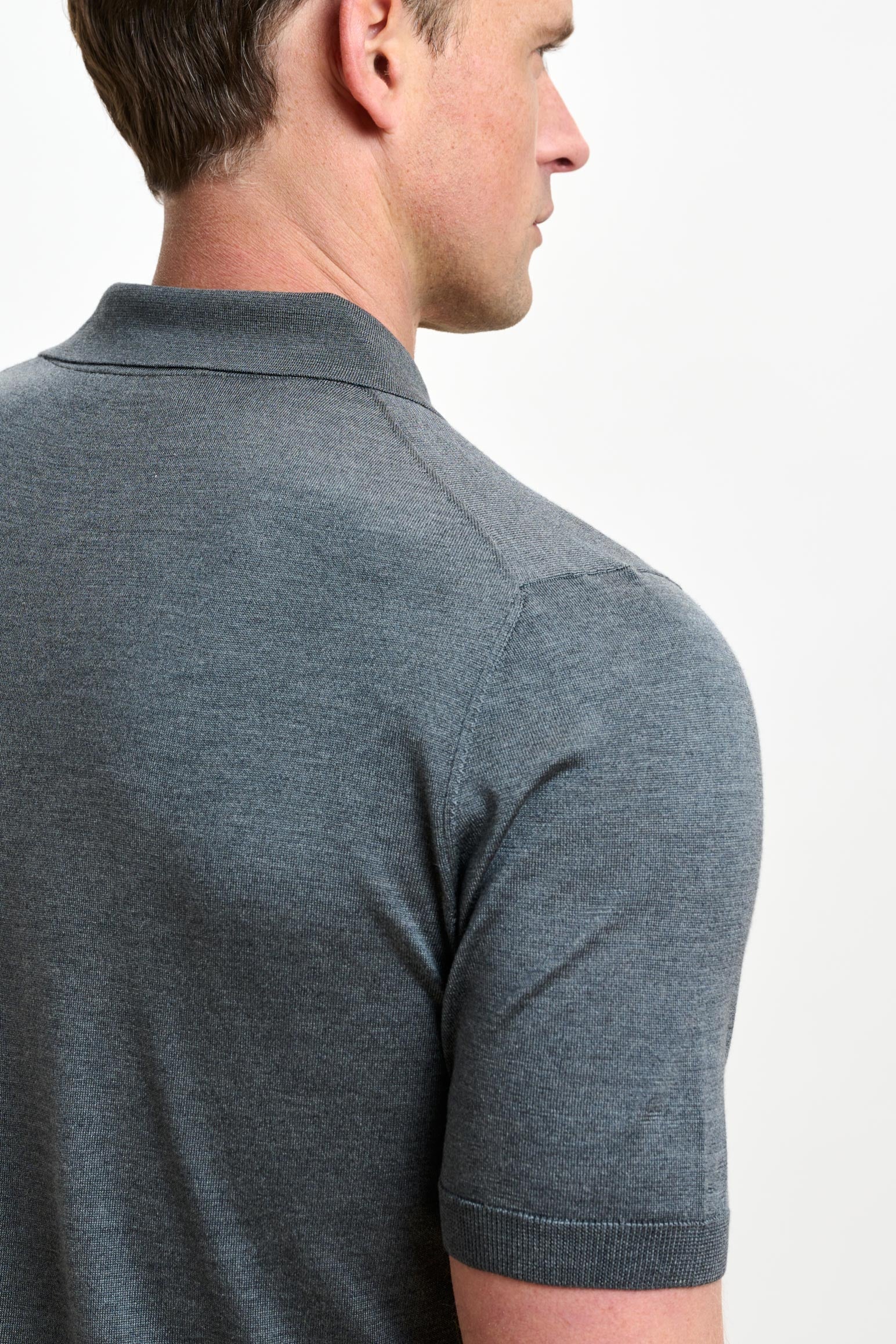 Grey Silk Knitted Kendal Short Sleeve 3 Button Polo Shirt — detail 4