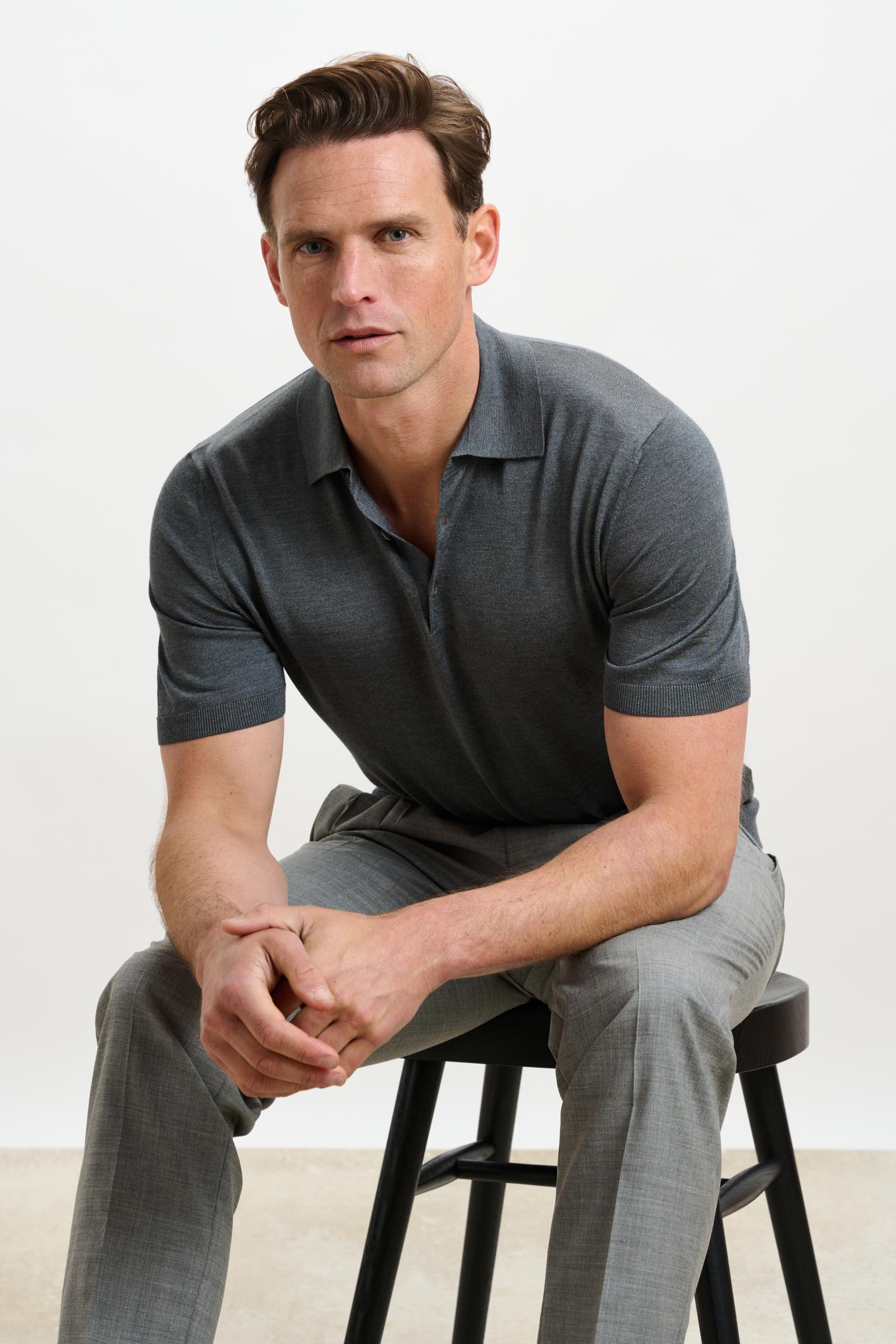 Grey Silk Knitted Kendal Short Sleeve 3 Button Polo Shirt — detail 6
