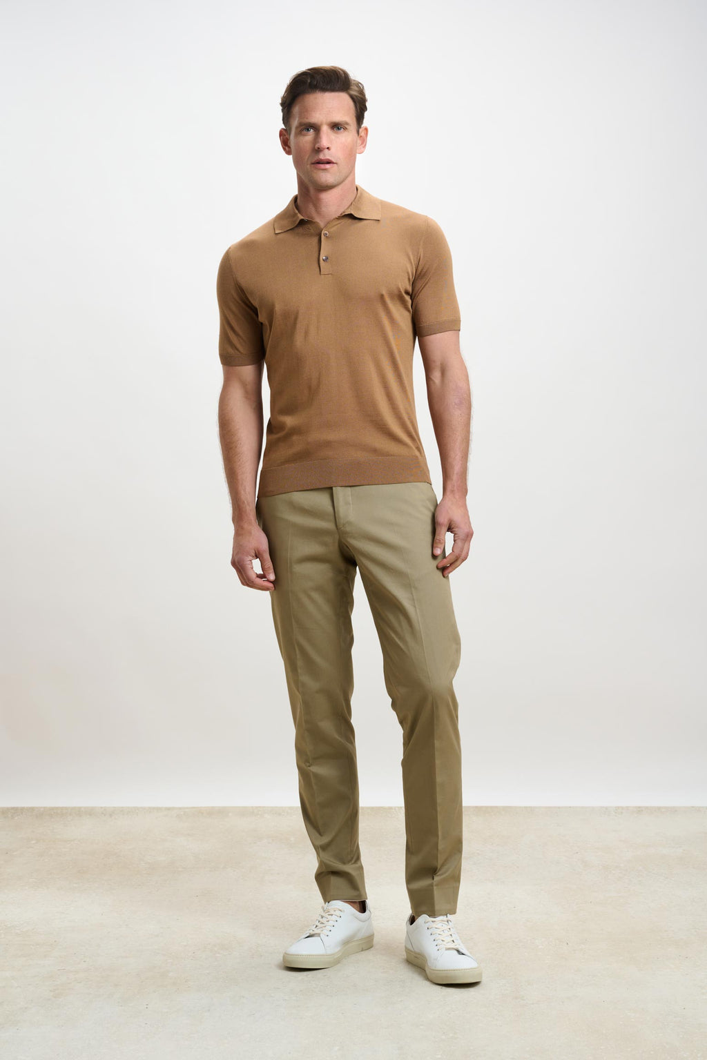 Tobacco Silk Knitted Kendal Short Sleeve 3 Button Polo Shirt — detail 1