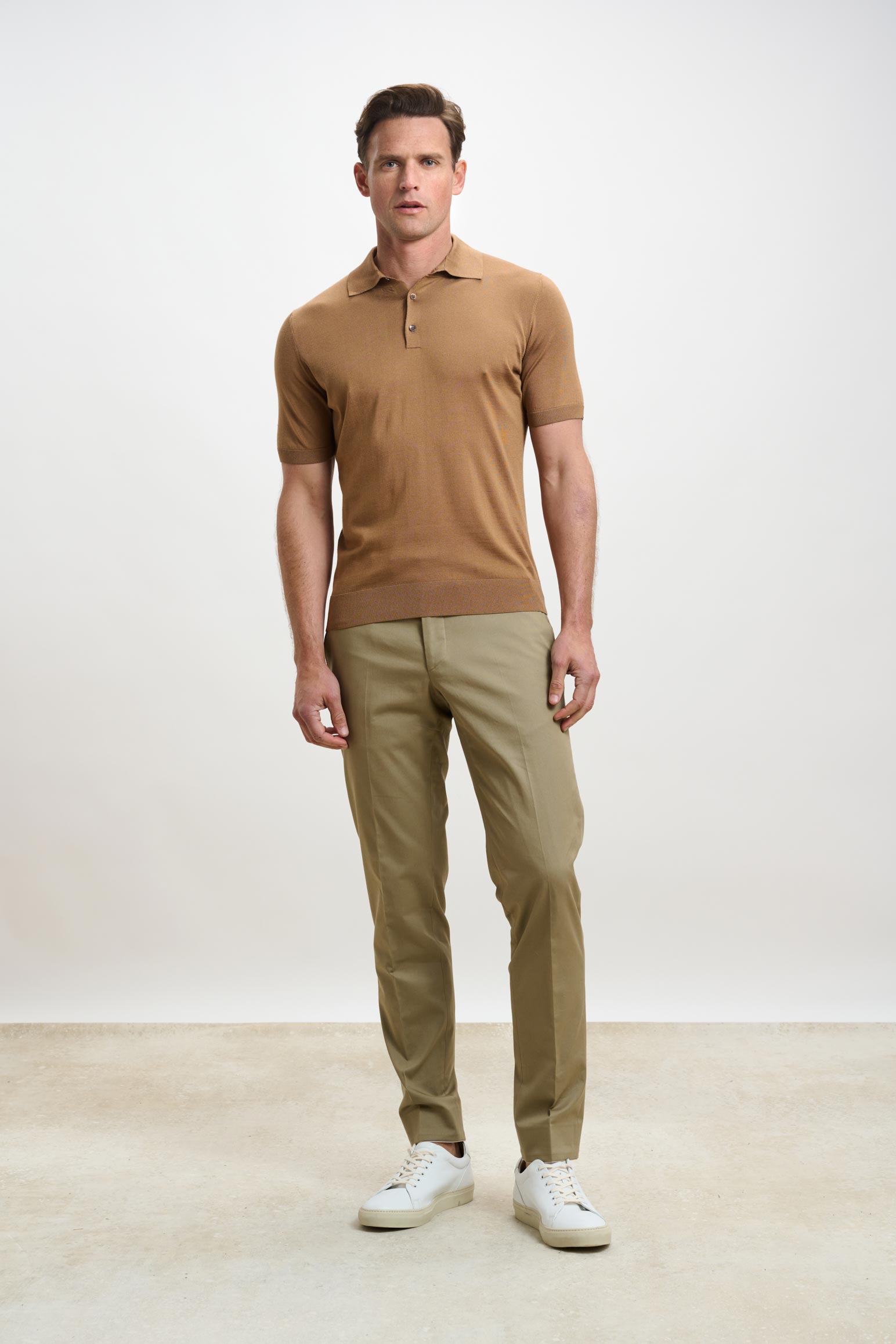 Tobacco Silk Knitted Kendal Short Sleeve 3 Button Polo Shirt — detail 1