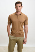 Tobacco Silk Knitted Kendal Short Sleeve 3 Button Polo Shirt