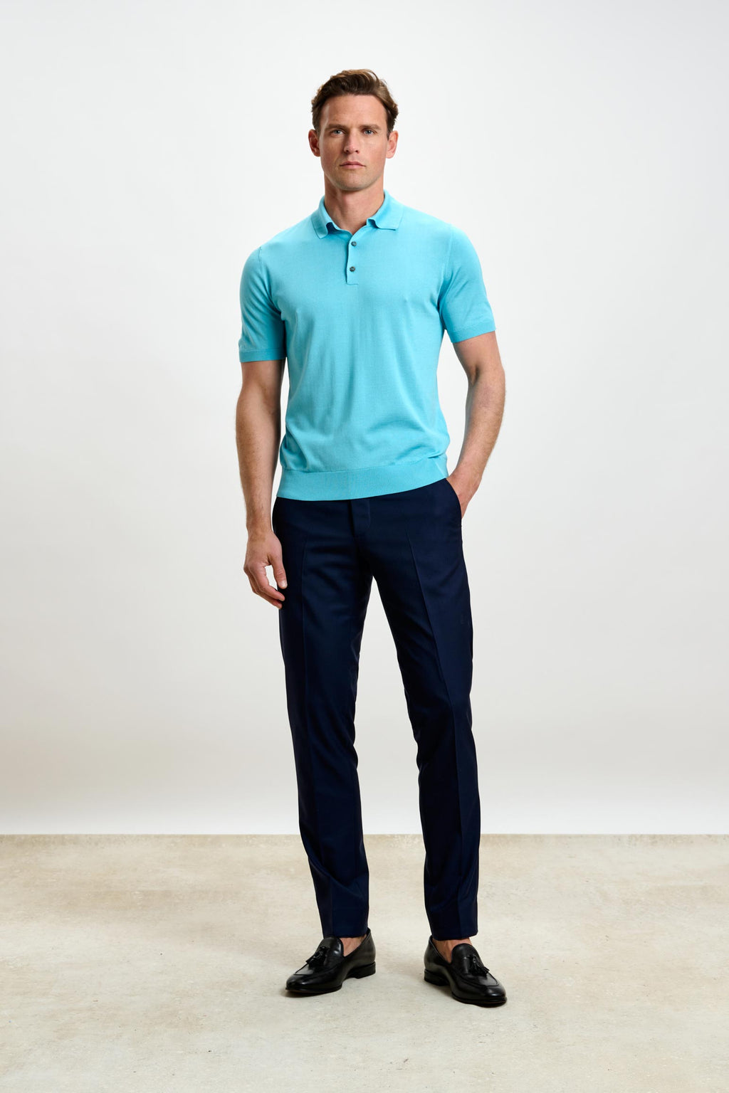 Turquoise Blue Silk Knitted Kendal Short Sleeve 3 Button Polo Shirt — detail 1