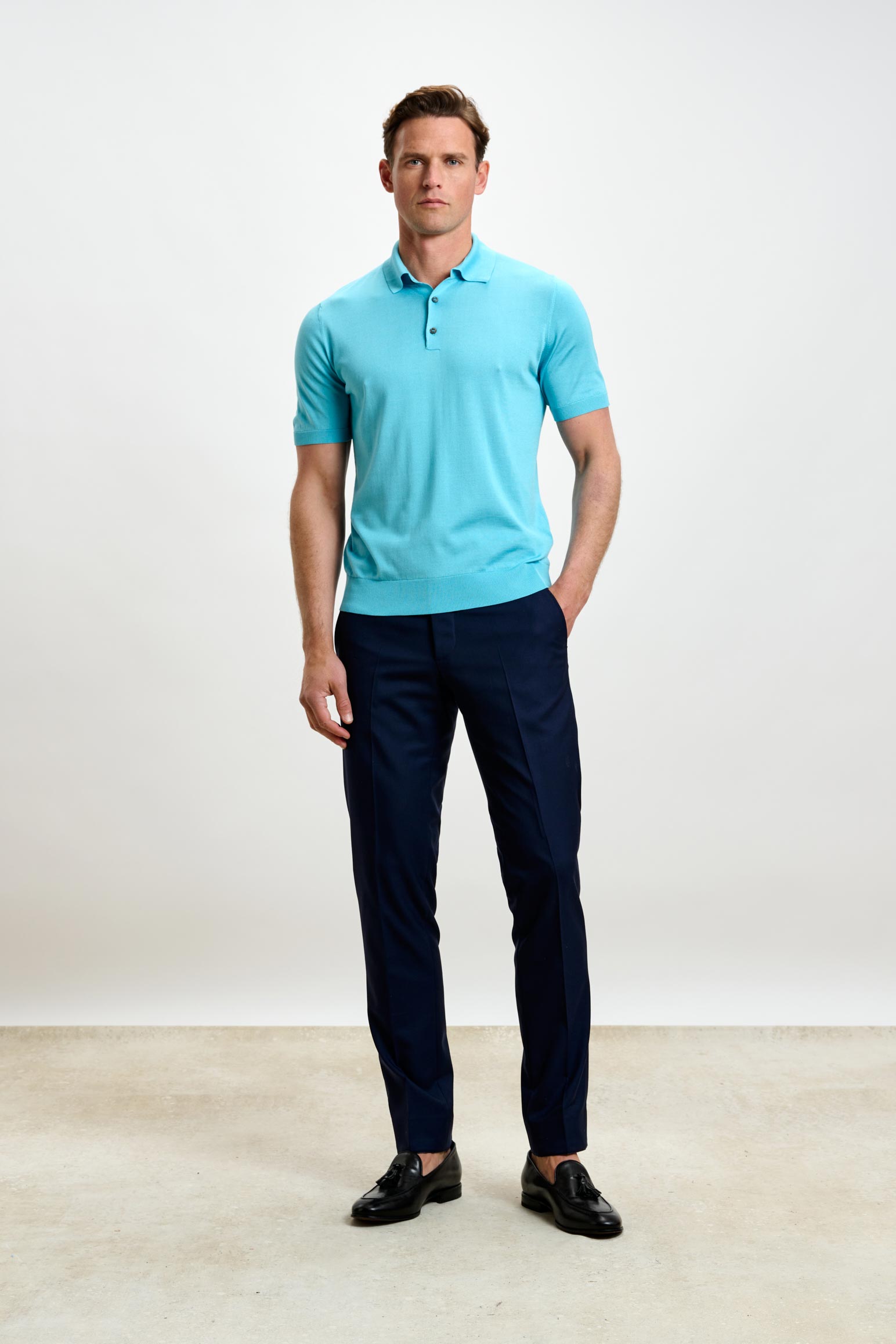 Turquoise Blue Silk Knitted Kendal Short Sleeve 3 Button Polo Shirt — detail 1