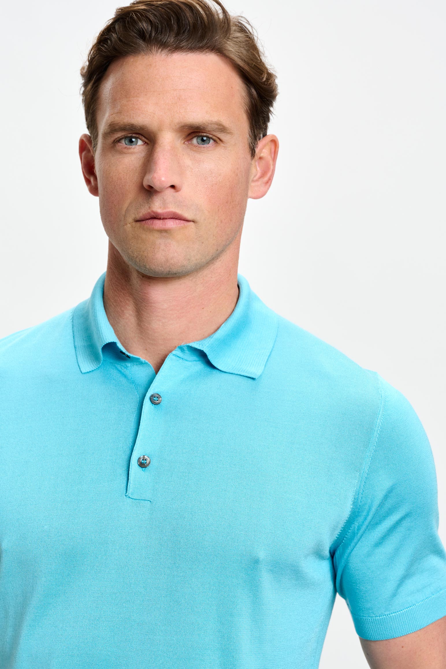 Turquoise Blue Silk Knitted Kendal Short Sleeve 3 Button Polo Shirt — detail 2