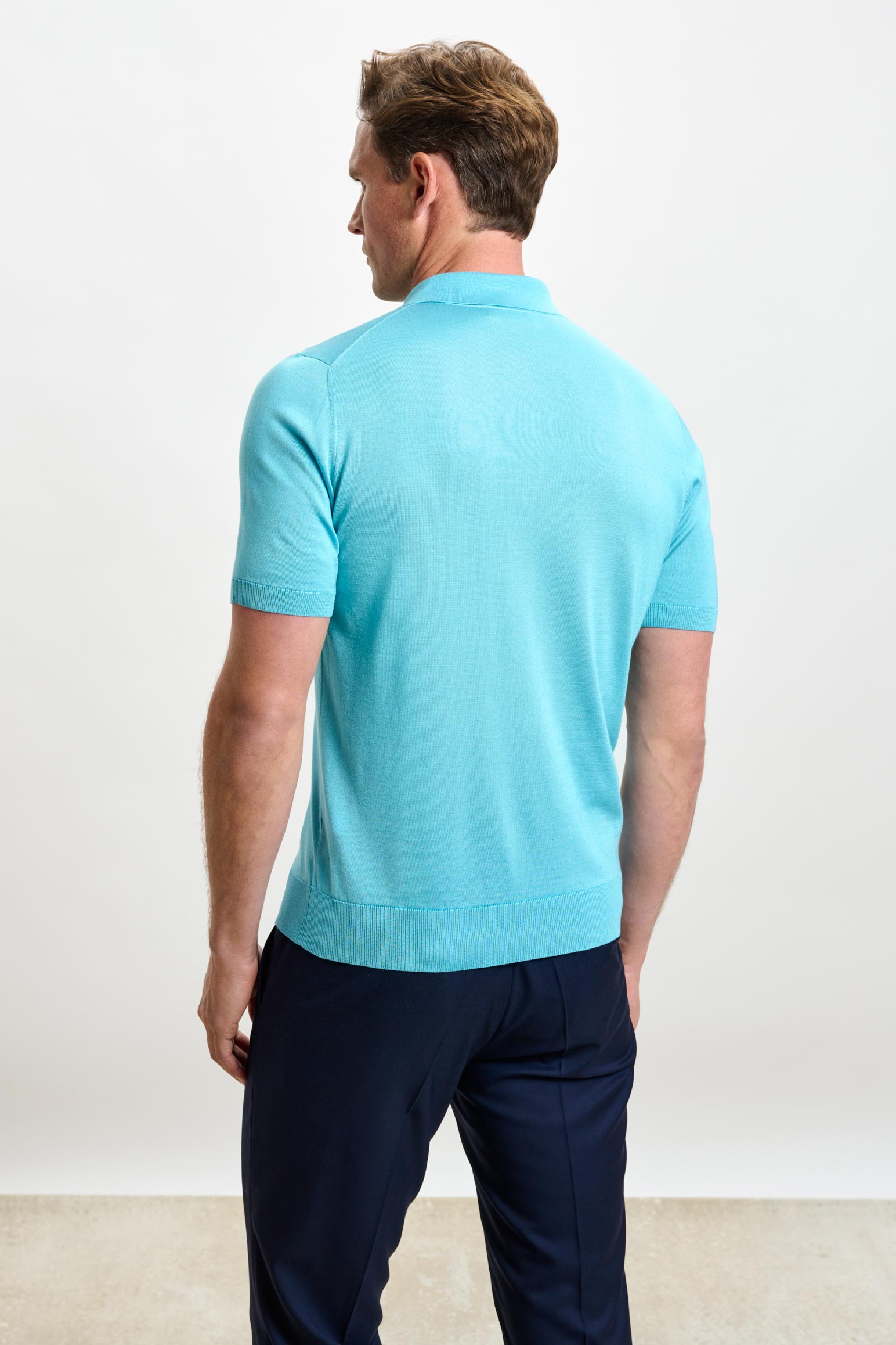 Turquoise Blue Silk Knitted Kendal Short Sleeve 3 Button Polo Shirt — detail 4