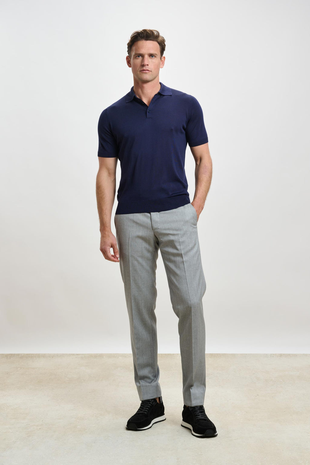 Navy Silk Knitted Kendal Short Sleeve 3 Button Polo Shirt — detail 1