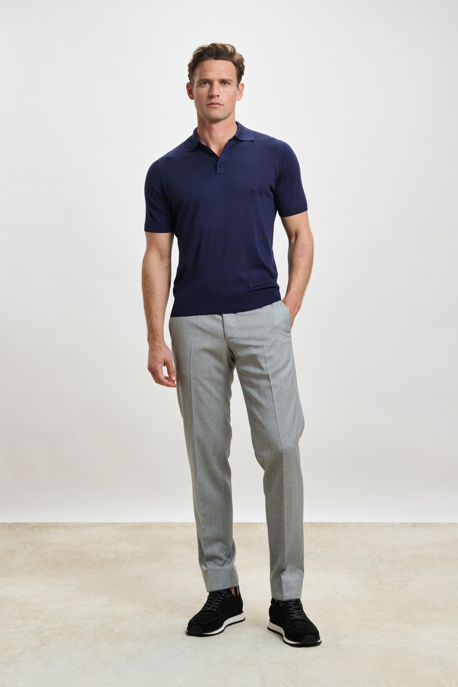 Navy Silk Knitted Kendal Short Sleeve 3 Button Polo Shirt — detail 1