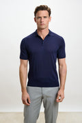 Navy Silk Knitted Kendal Short Sleeve 3 Button Polo Shirt