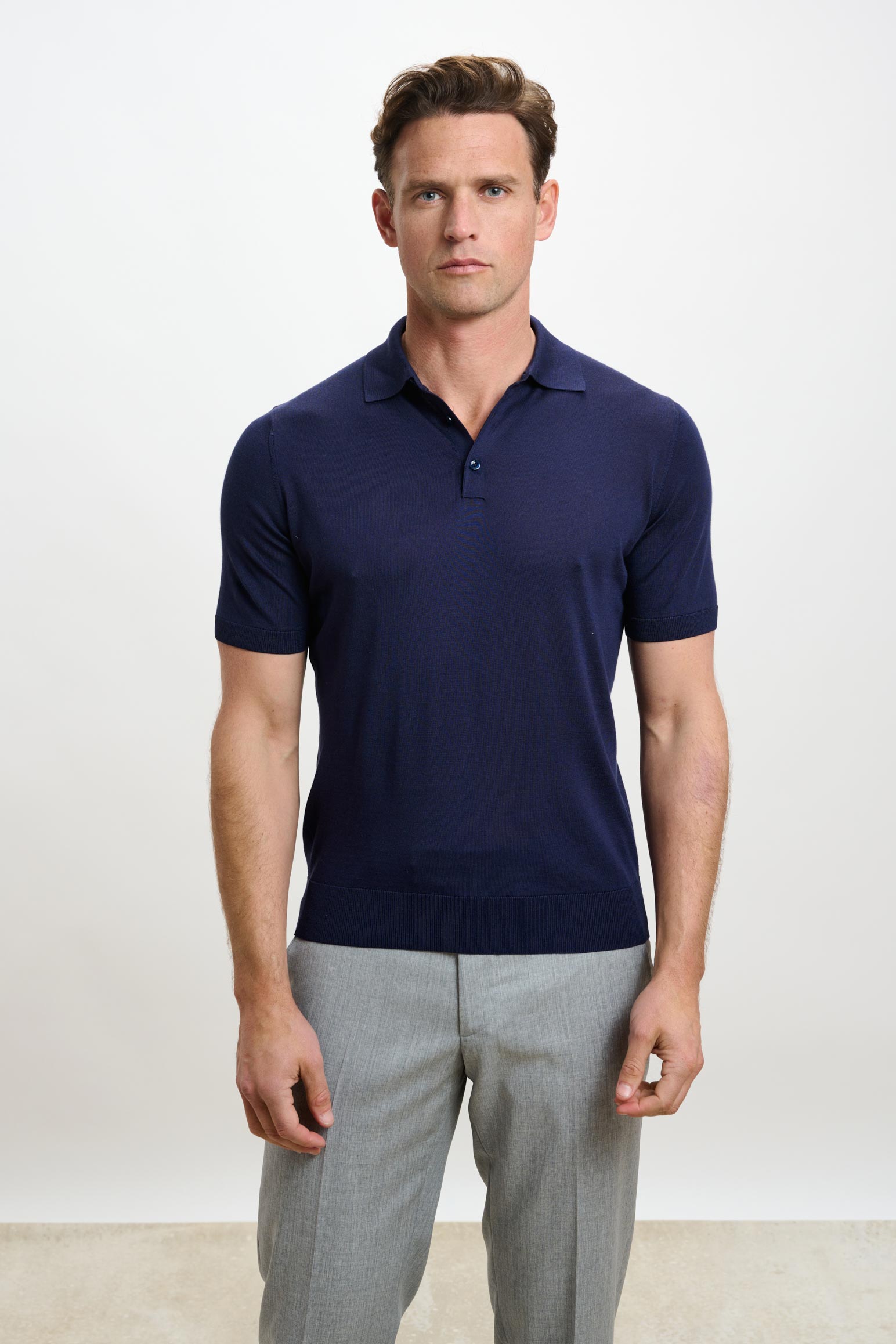 Navy Silk Knitted Kendal Short Sleeve 3 Button Polo Shirt