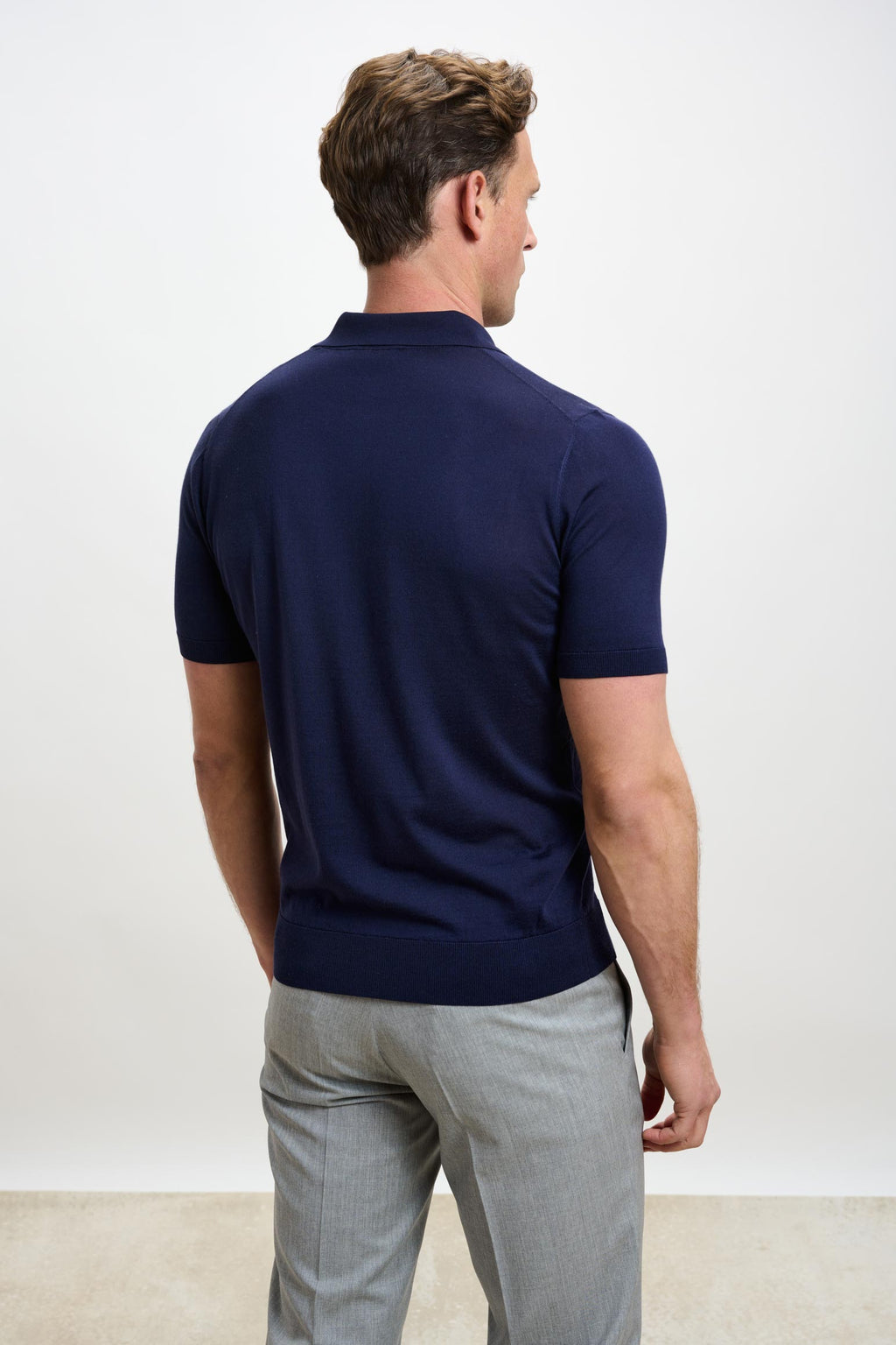 Navy Silk Knitted Kendal Short Sleeve 3 Button Polo Shirt — detail 2