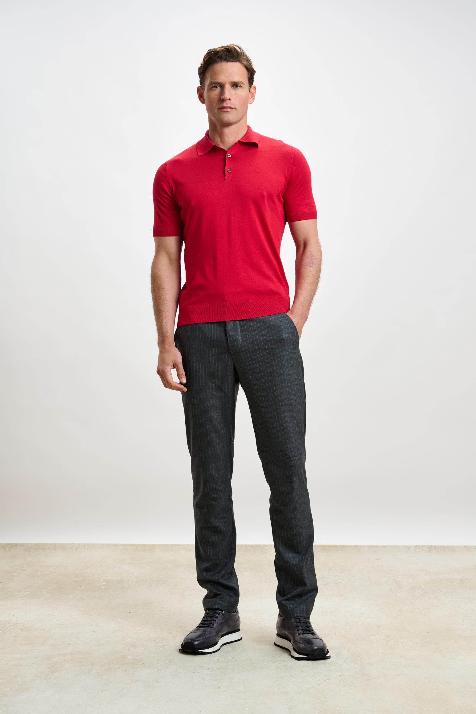 Carmine Silk Knitted Kendal Short Sleeve 3 Button Polo Shirt — detail 1
