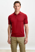 Red Silk Knitted Kendal Short Sleeve 3 Button Polo Shirt