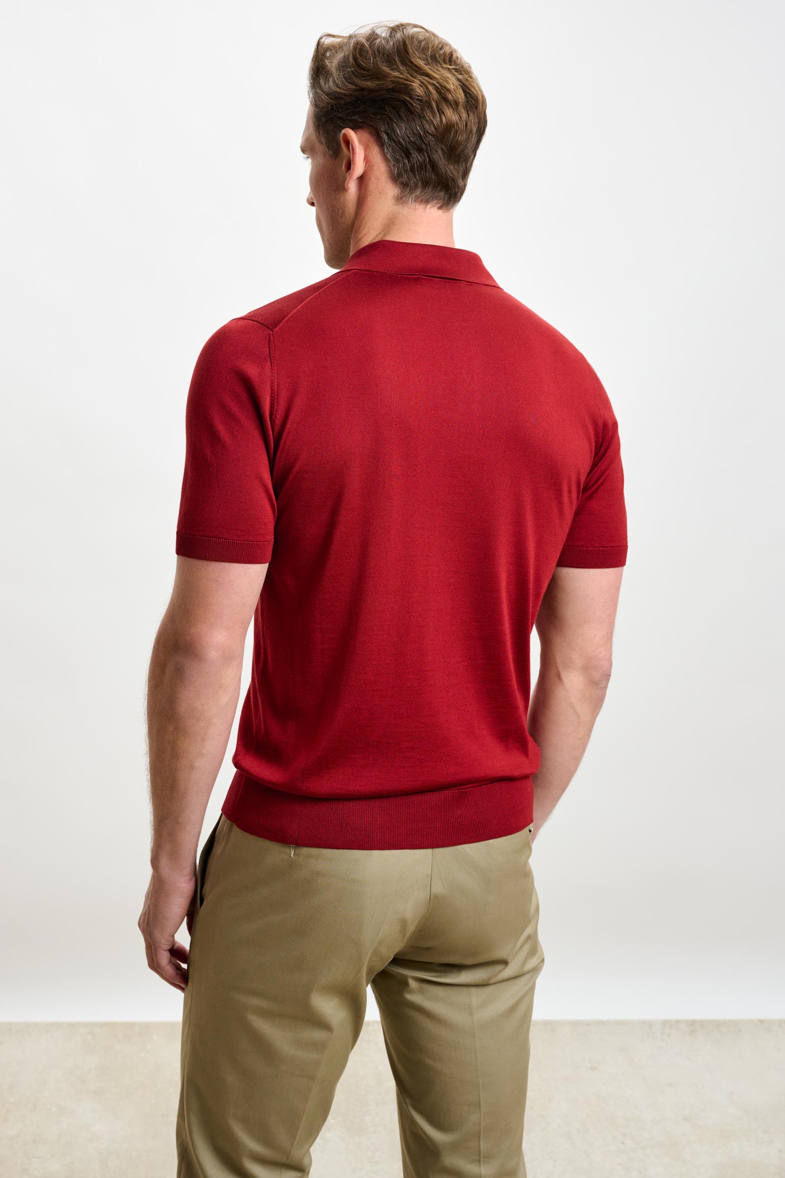 Red Silk Knitted Kendal Short Sleeve 3 Button Polo Shirt — detail 3