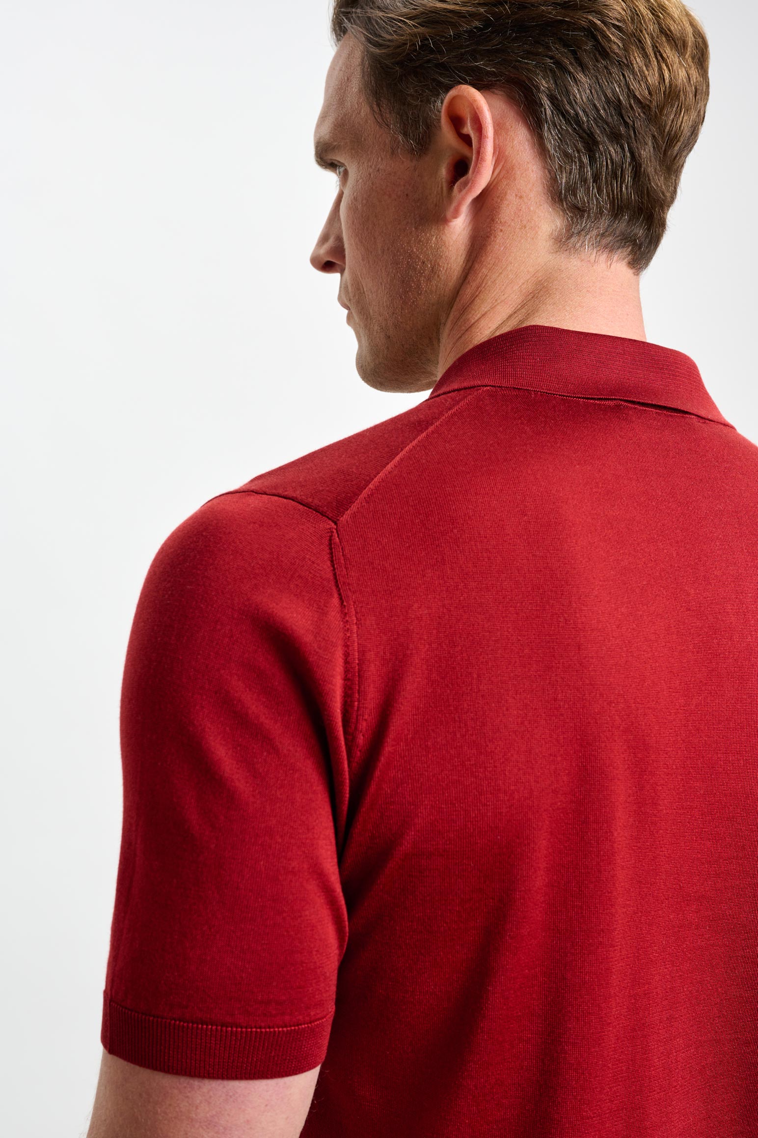 Red Silk Knitted Kendal Short Sleeve 3 Button Polo Shirt — detail 4