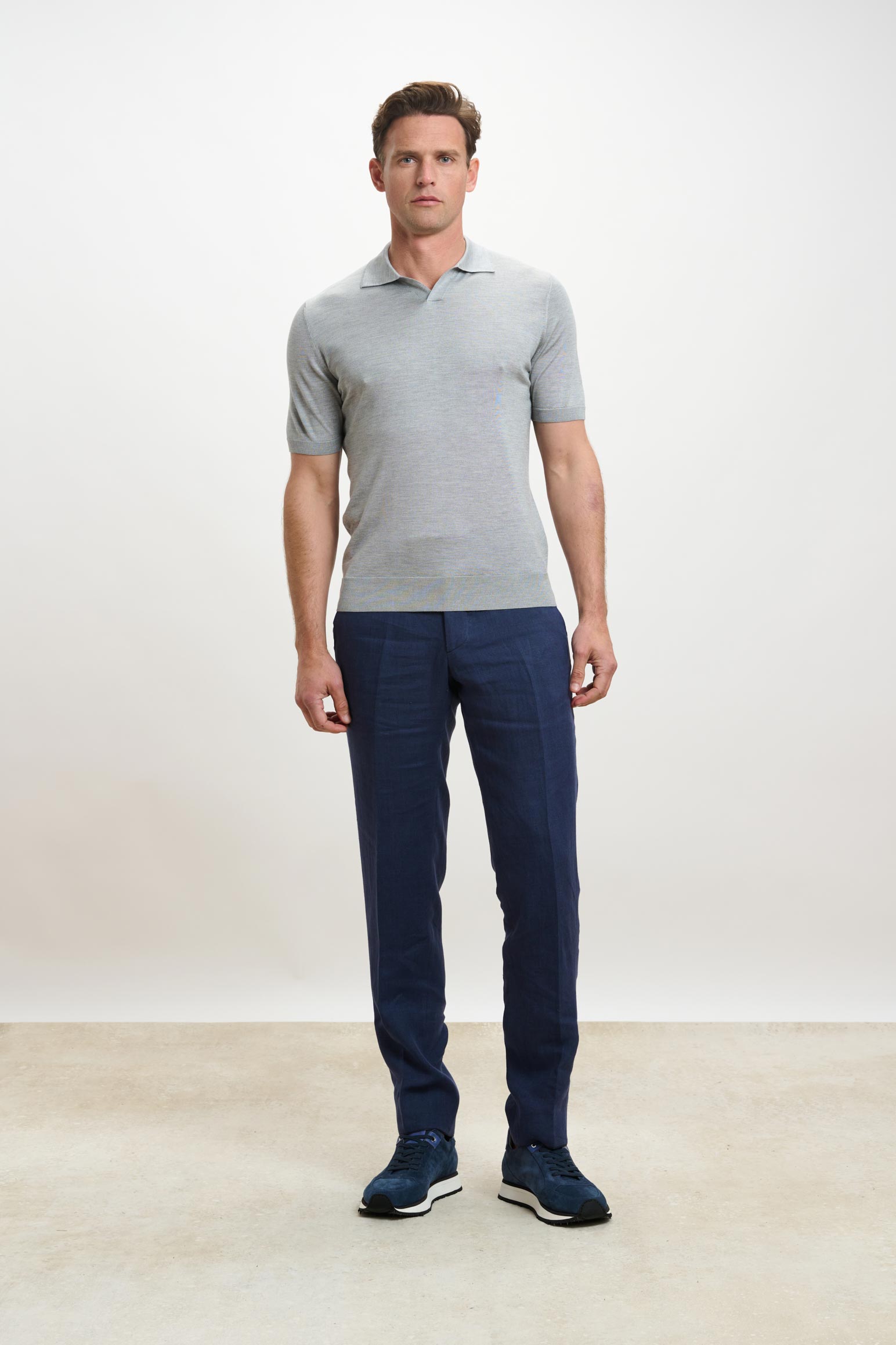 Grey Silk Knitted Short Sleeve Open Collar Cawdor Polo Shirt — detail 1