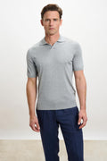 Grey Silk Knitted Short Sleeve Open Collar Cawdor Polo Shirt