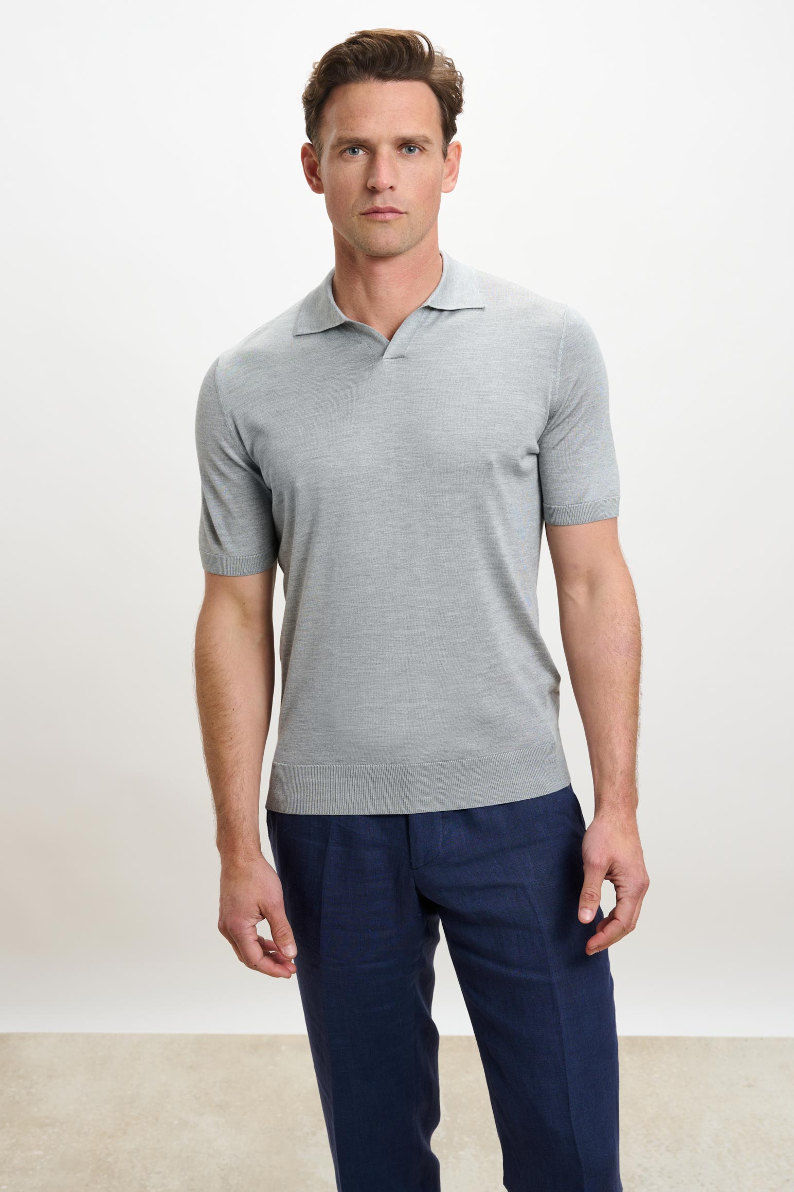 Grey Silk Knitted Short Sleeve Open Collar Cawdor Polo Shirt