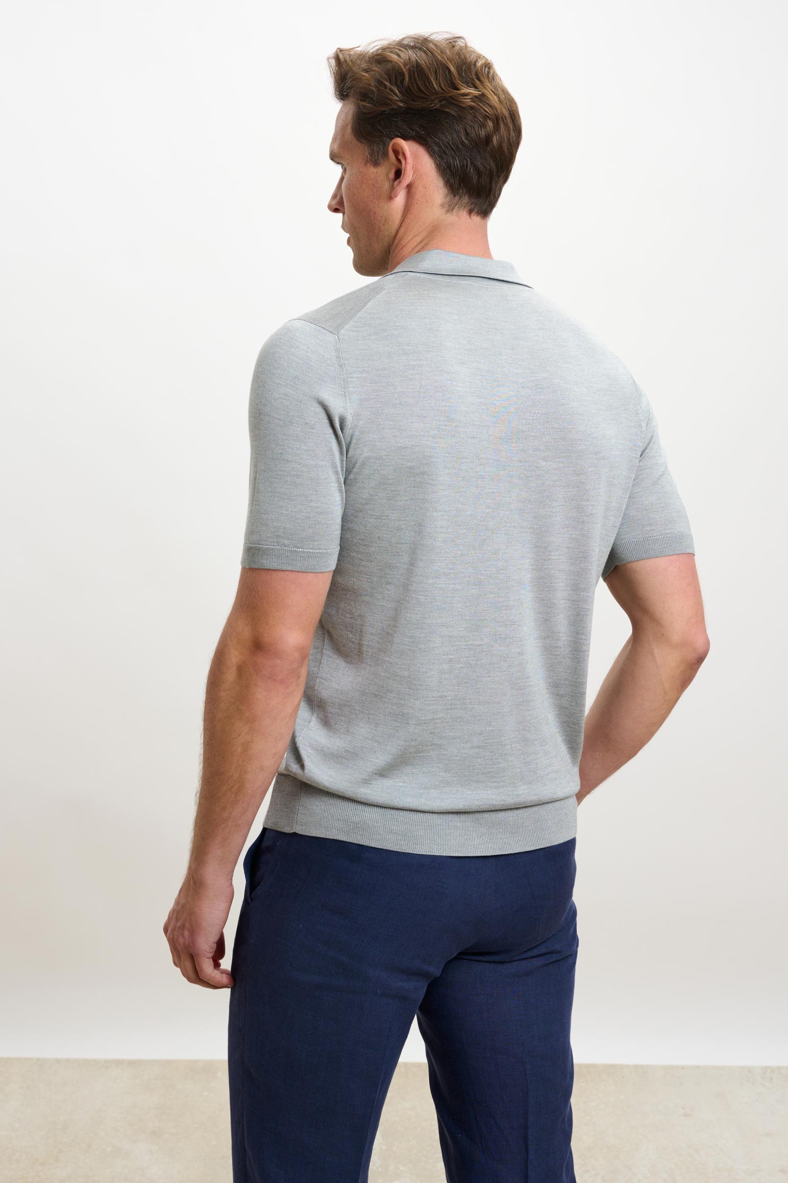 Grey Silk Knitted Short Sleeve Open Collar Cawdor Polo Shirt — detail 3
