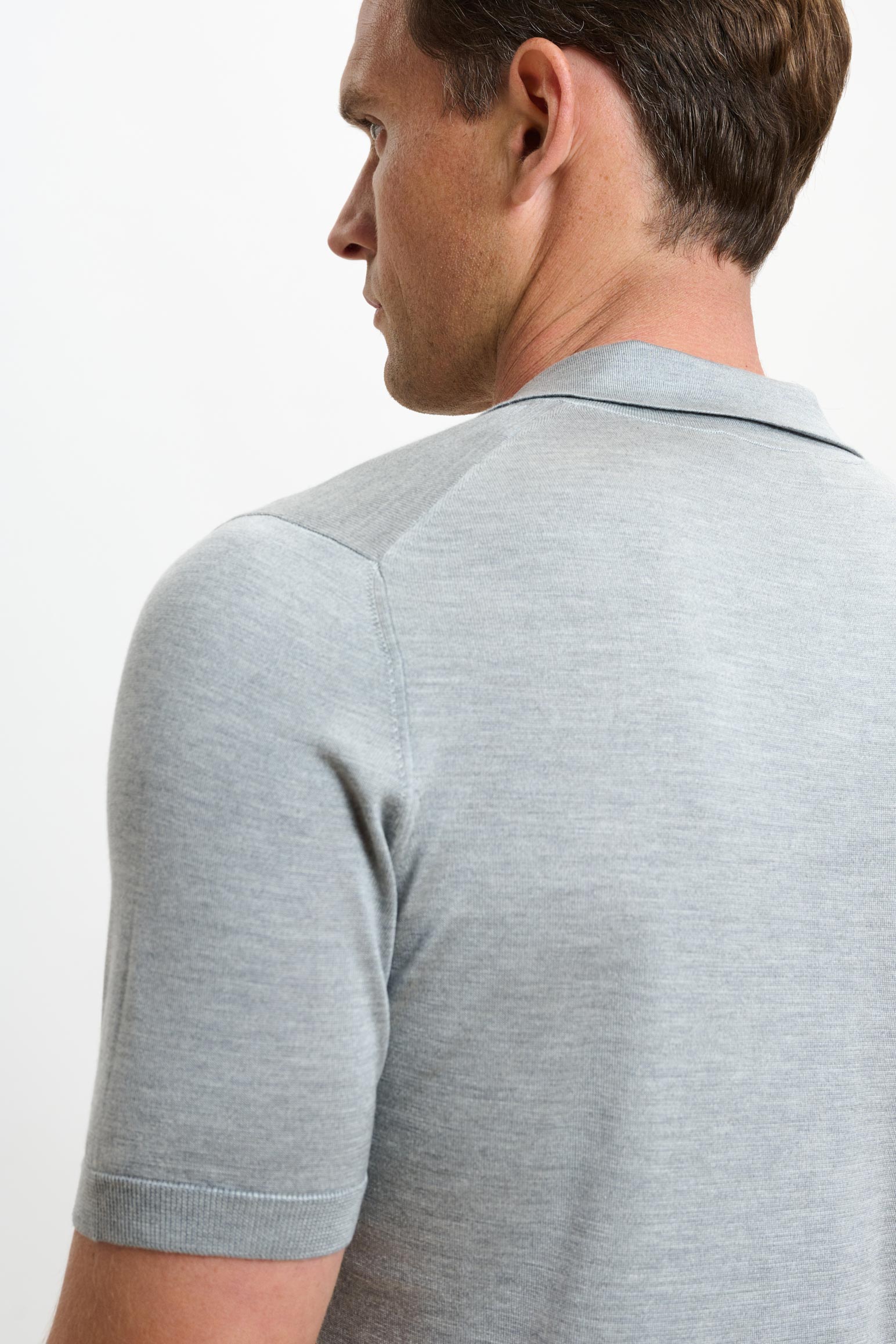 Grey Silk Knitted Short Sleeve Open Collar Cawdor Polo Shirt — detail 4