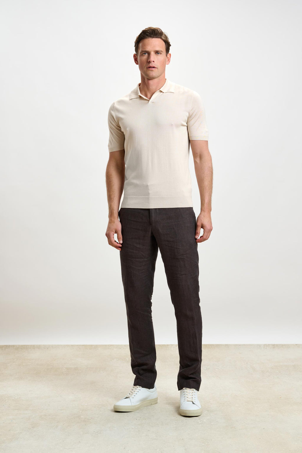 Beige Silk Knitted Short Sleeve Open Collar Cawdor Polo Shirt — detail 1
