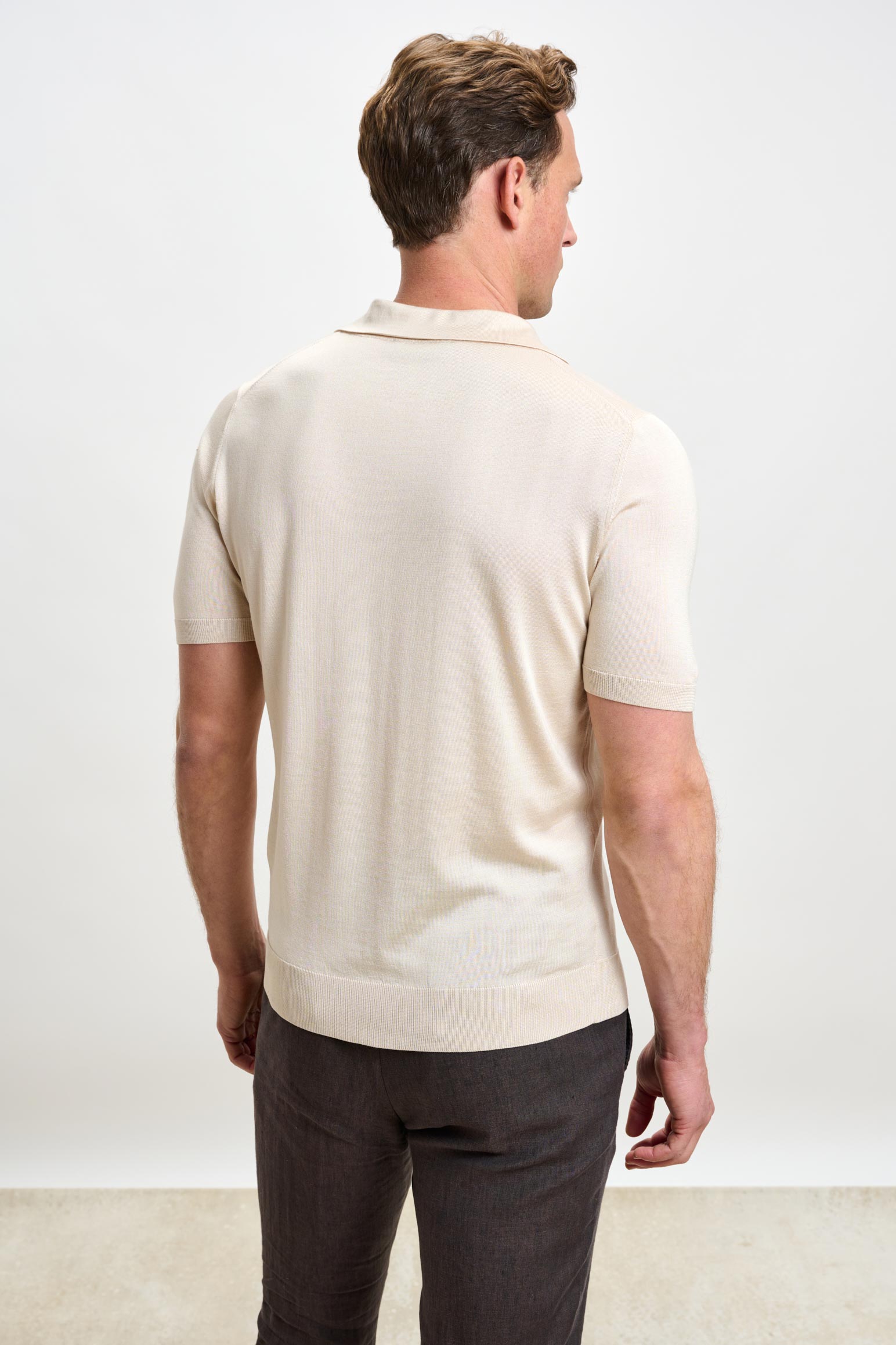 Beige Silk Knitted Short Sleeve Open Collar Cawdor Polo Shirt — detail 2