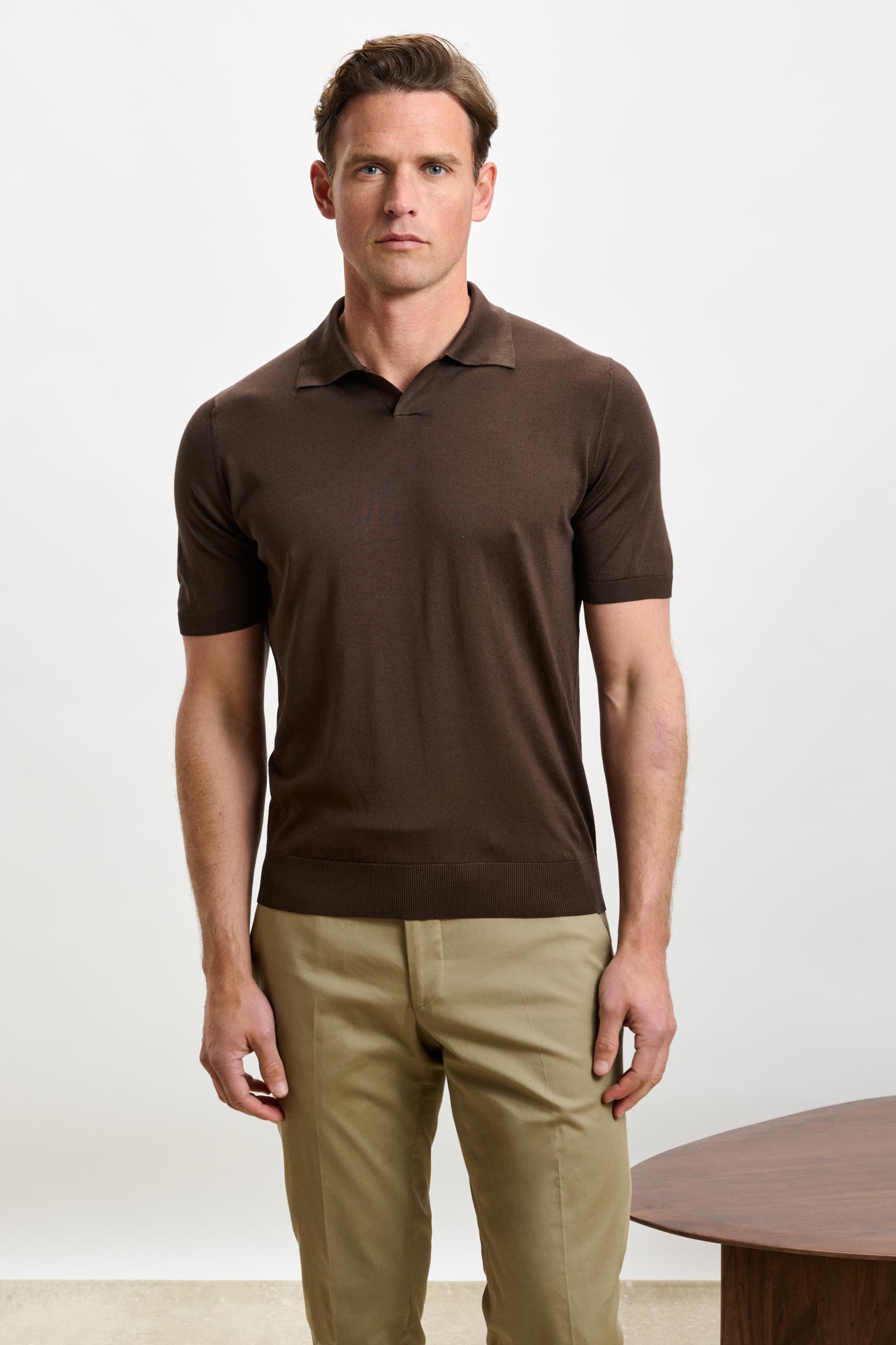 Chocolate Silk Knitted Short Sleeve Open Collar Cawdor Polo Shirt