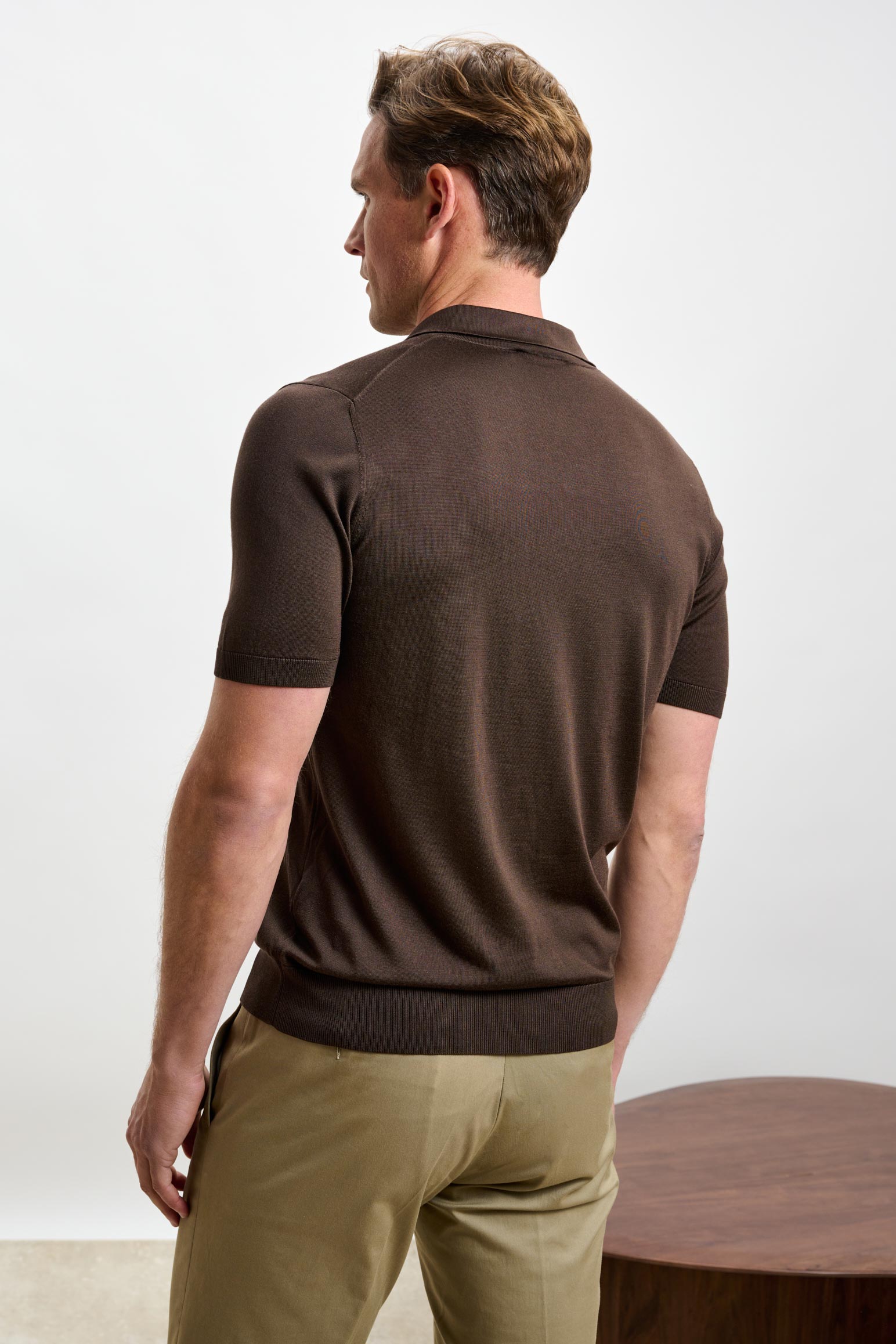Chocolate Silk Knitted Short Sleeve Open Collar Cawdor Polo Shirt — detail 2