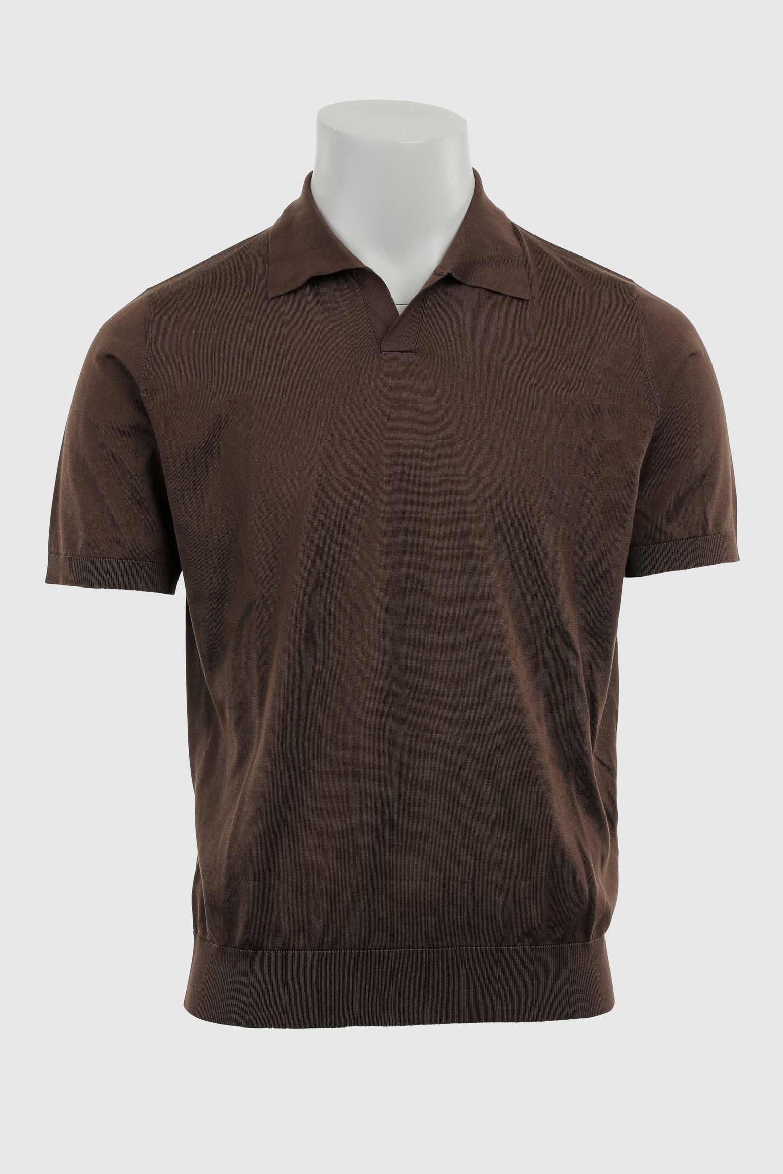 Chocolate Silk Knitted Short Sleeve Open Collar Cawdor Polo Shirt — detail 5