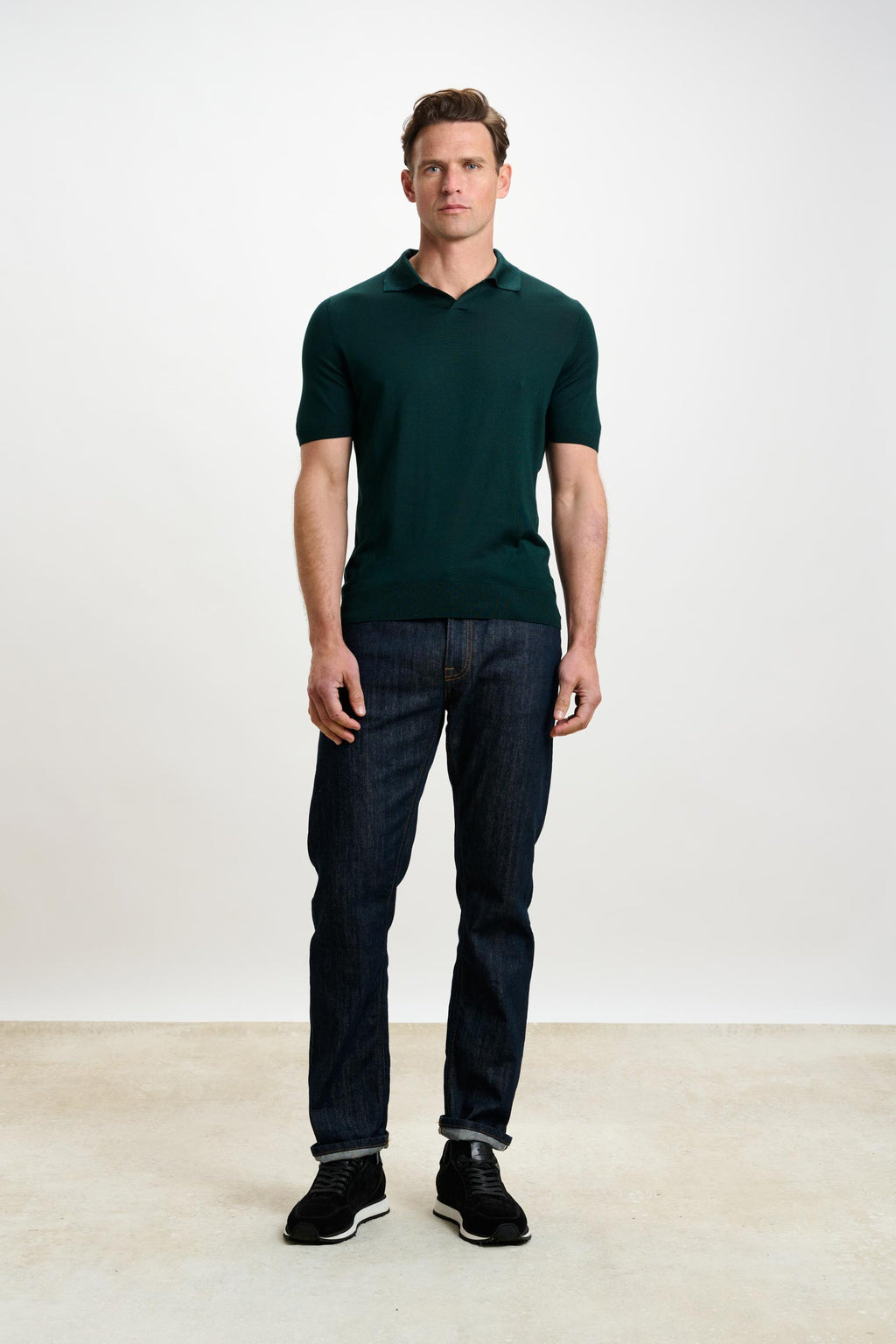 Petrol Green Silk Knitted Short Sleeve Open Collar Cawdor Polo Shirt — detail 4