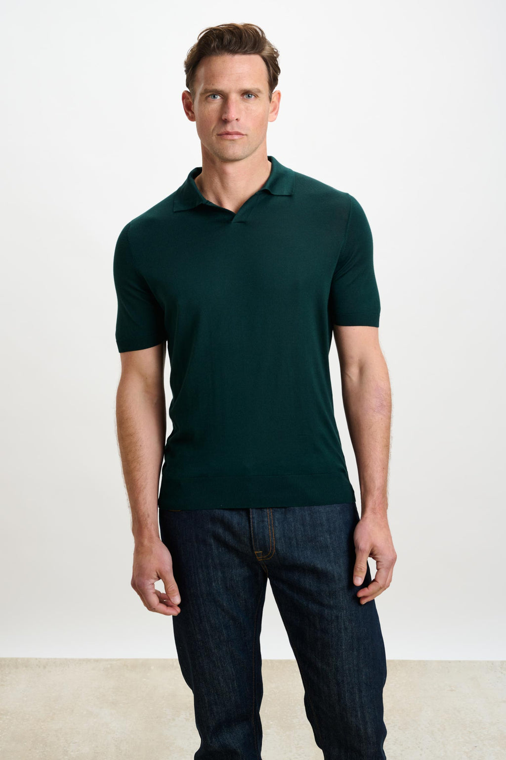 Petrol Green Silk Knitted Short Sleeve Open Collar Cawdor Polo Shirt