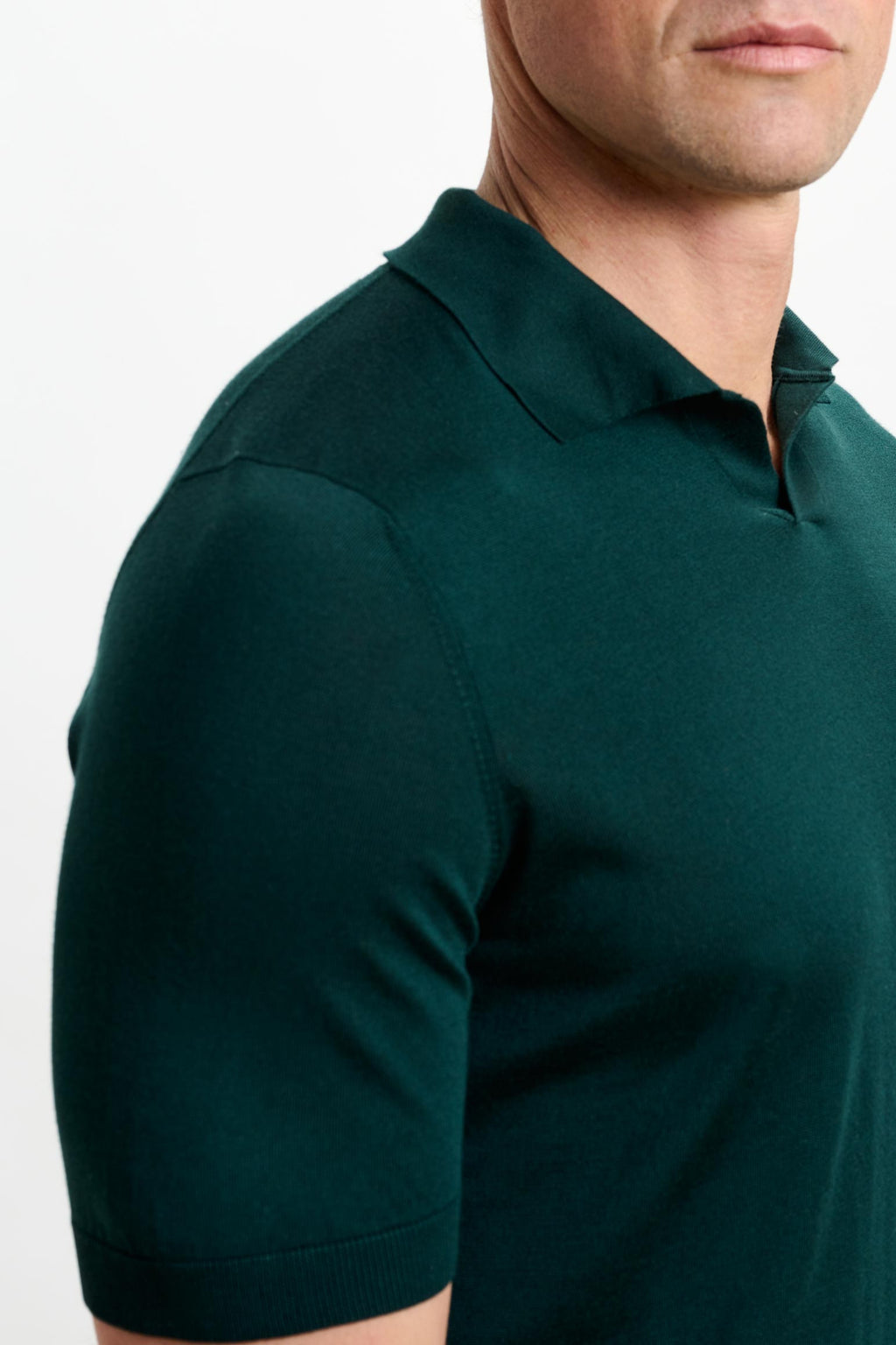 Petrol Green Silk Knitted Short Sleeve Open Collar Cawdor Polo Shirt — detail 2