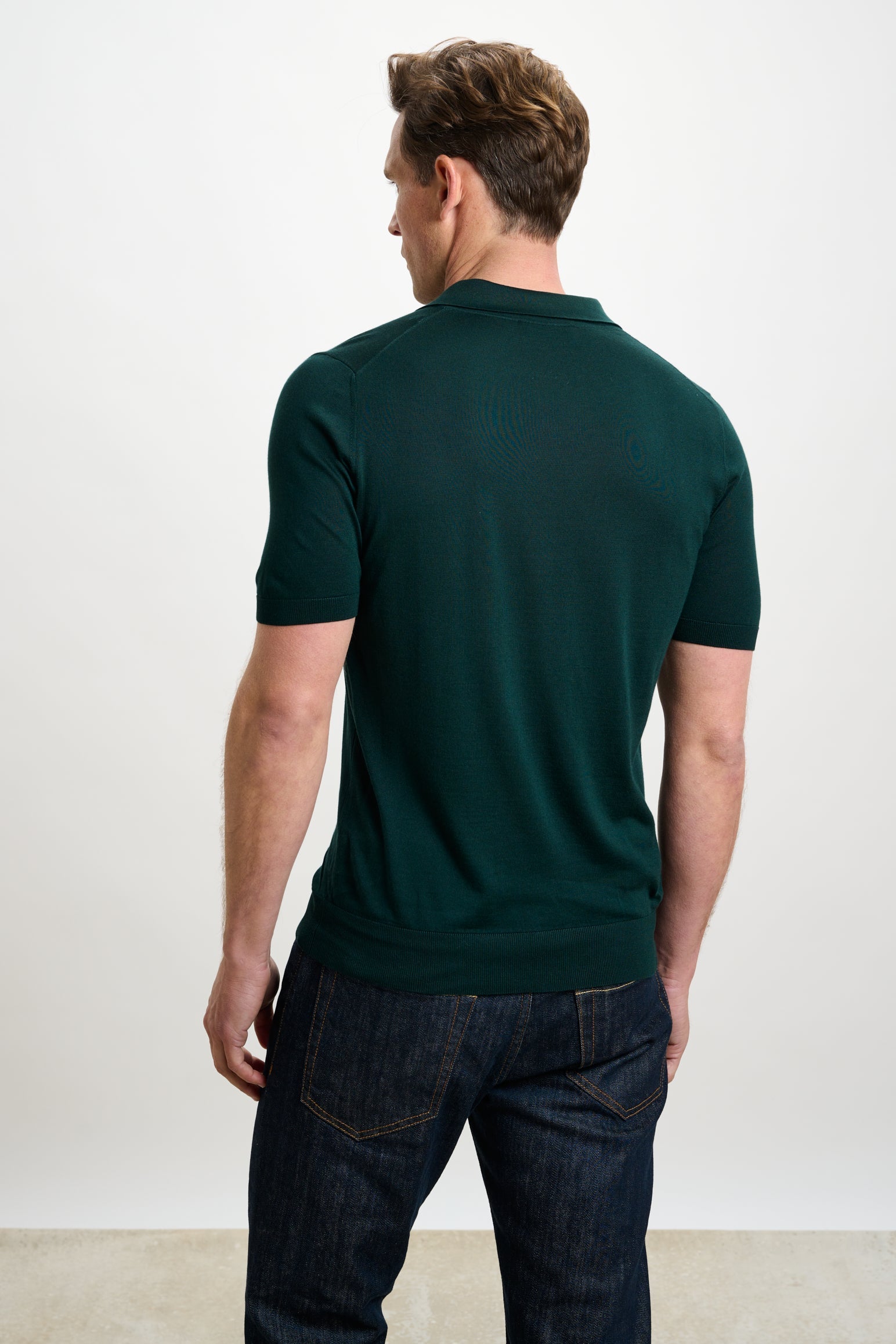Petrol Green Silk Knitted Short Sleeve Open Collar Cawdor Polo Shirt — detail 1