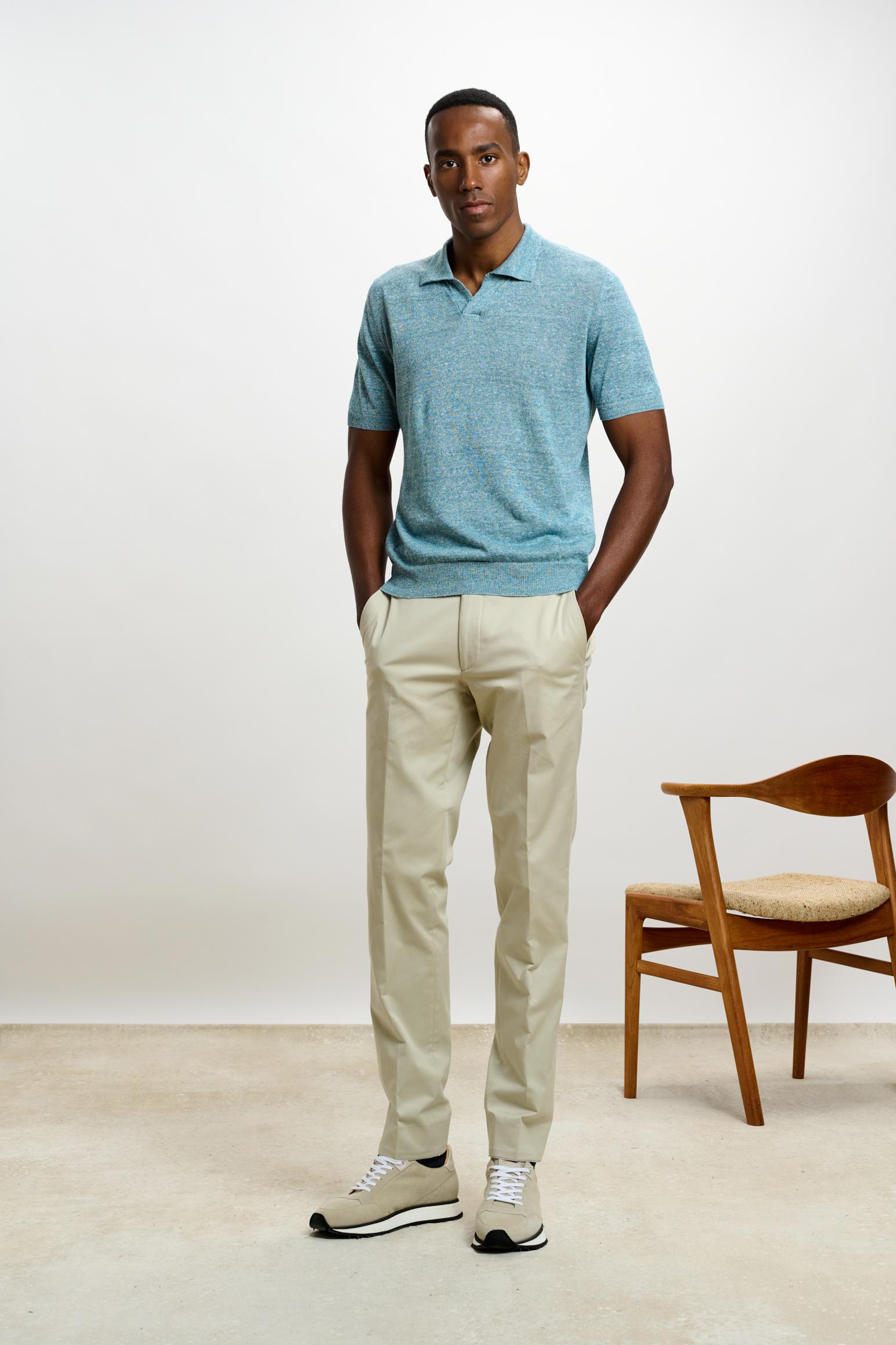 Turquoise Blue Silk Knitted Short Sleeve Open Collar Cawdor Polo Shirt — detail 1