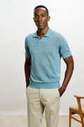 Turquoise Blue Silk Knitted Short Sleeve Open Collar Cawdor Polo Shirt