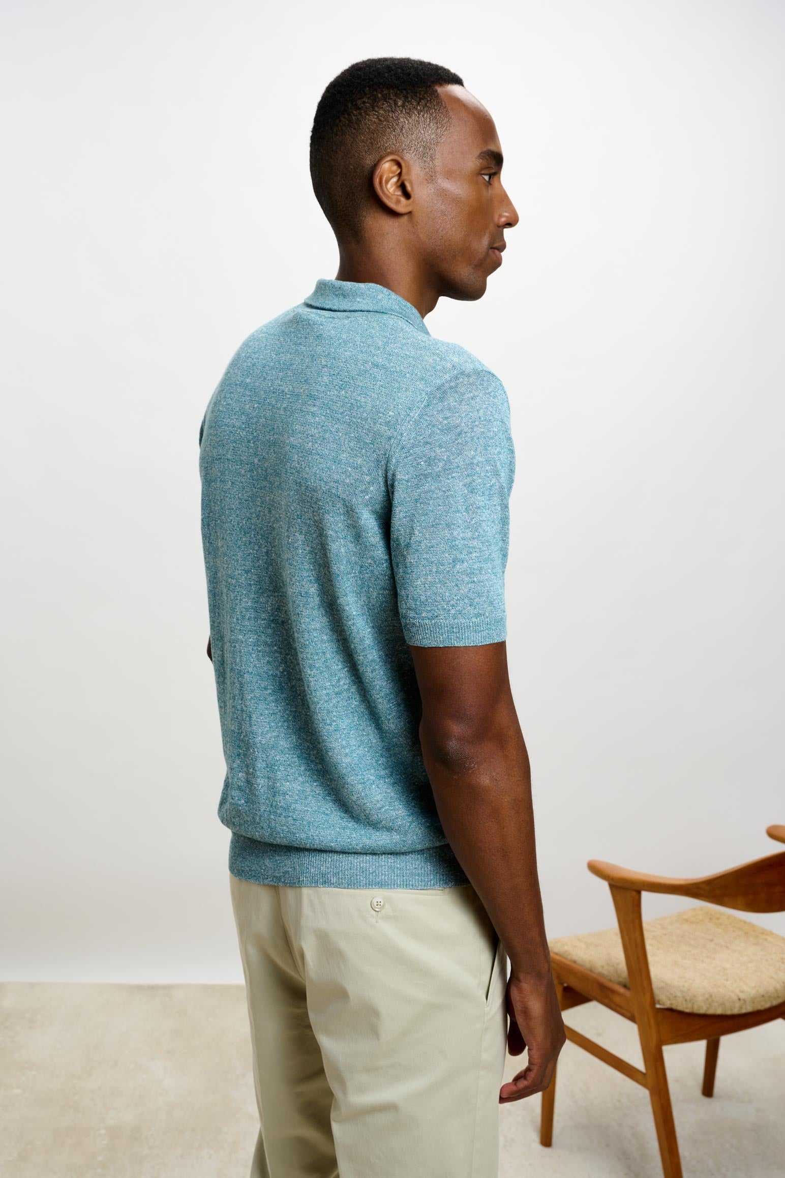 Turquoise Blue Silk Knitted Short Sleeve Open Collar Cawdor Polo Shirt — detail 3