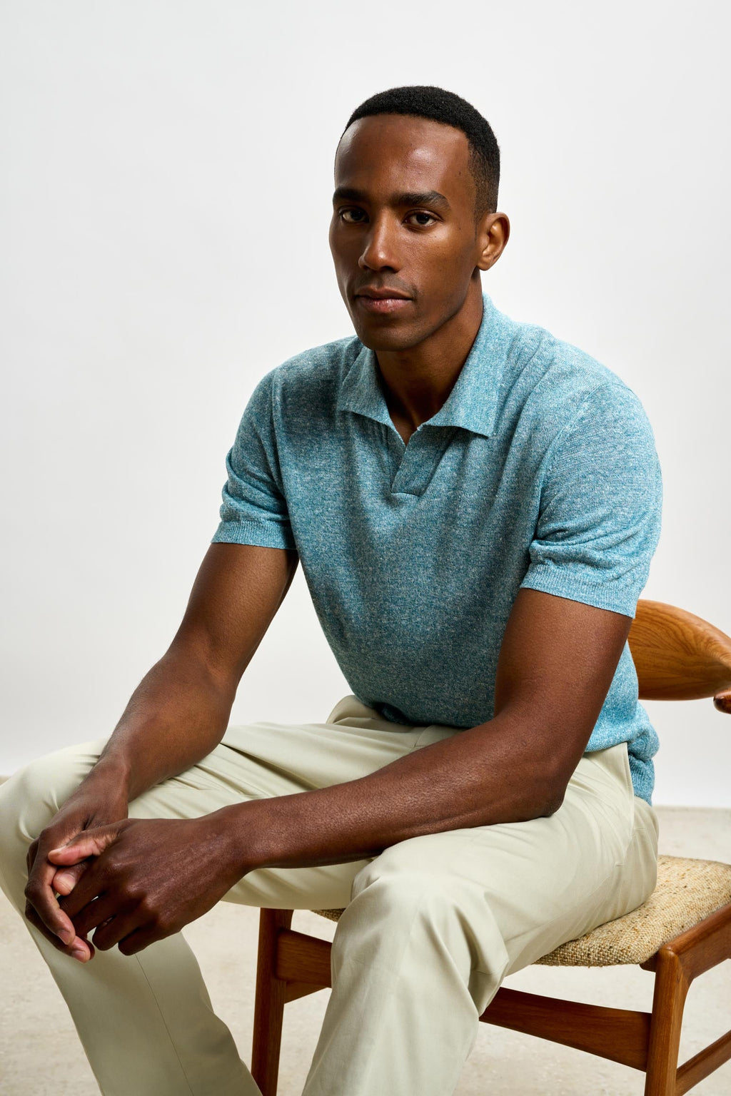Turquoise Blue Silk Knitted Short Sleeve Open Collar Cawdor Polo Shirt — detail 5