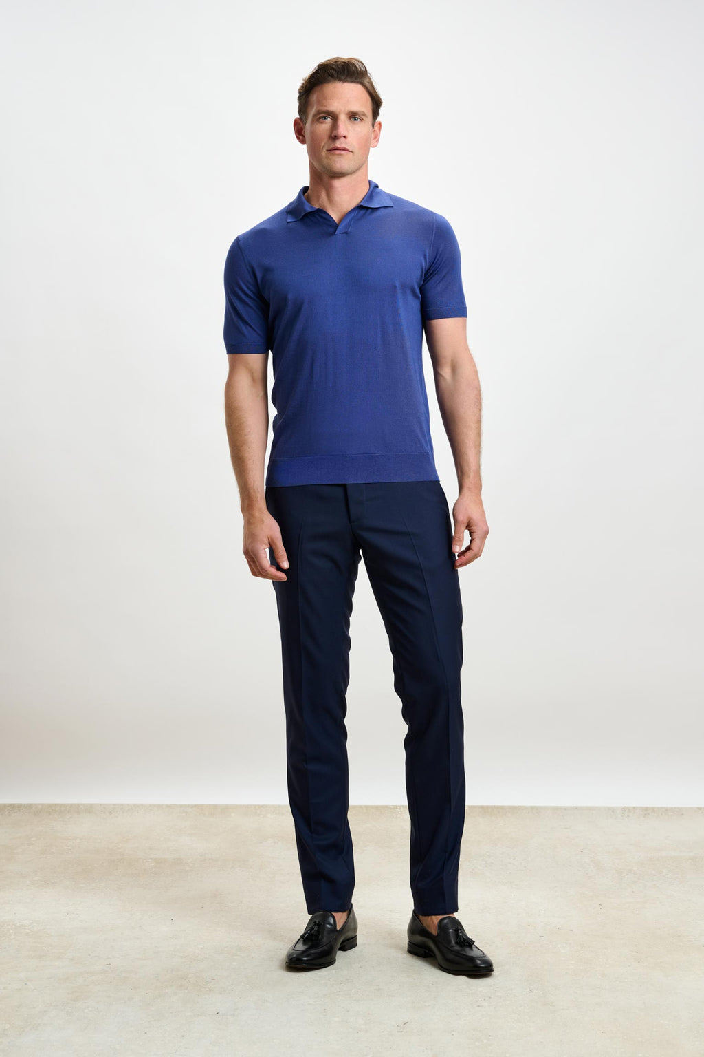 Medium Blue Silk Knitted Short Sleeve Open Collar Cawdor Polo Shirt — detail 1